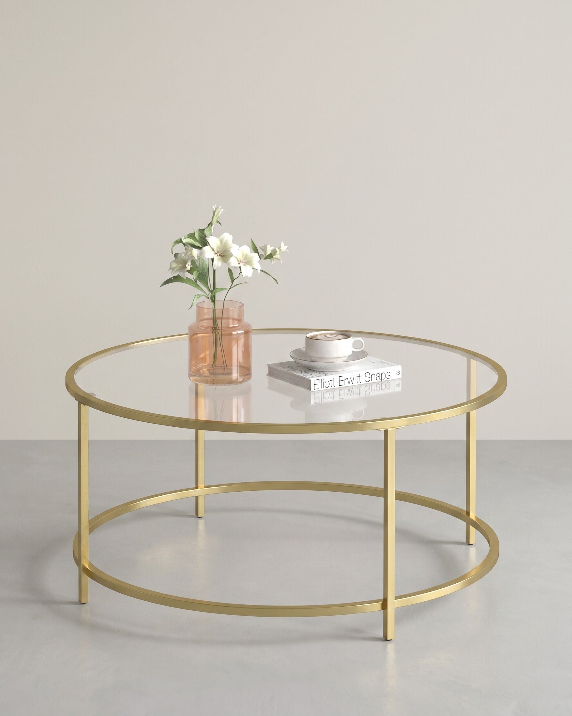 Runder Couchtisch Gold mit Glasplatte – gehärtetes Glas – moderner Retro-Beistelltisch für das Wohnzimmer