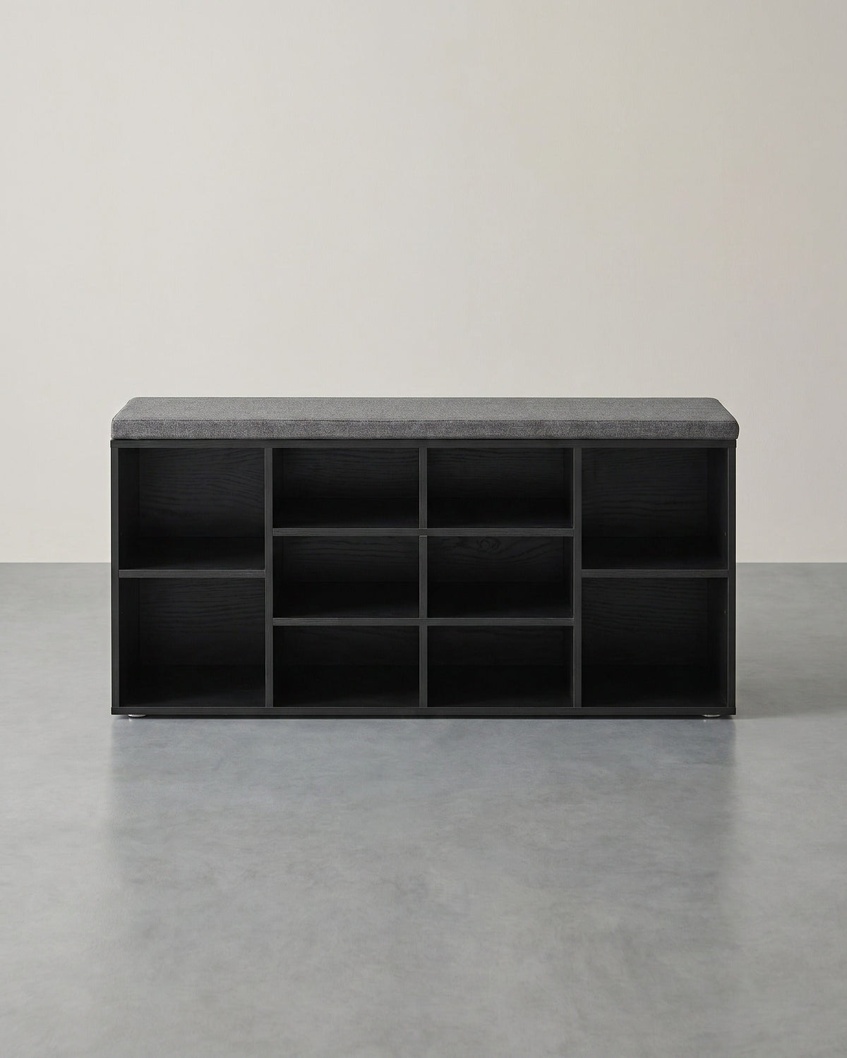 Aufbewahrungsboxen – Schuhbank mit Stauraum – 9 Fächer – Verstellbare Böden – 30,3 x 78,5 x 48 cm – Spanplatte – Schaumstoff – Leinenoptik-Bezug – Max. Belastbarkeit 136 kg
