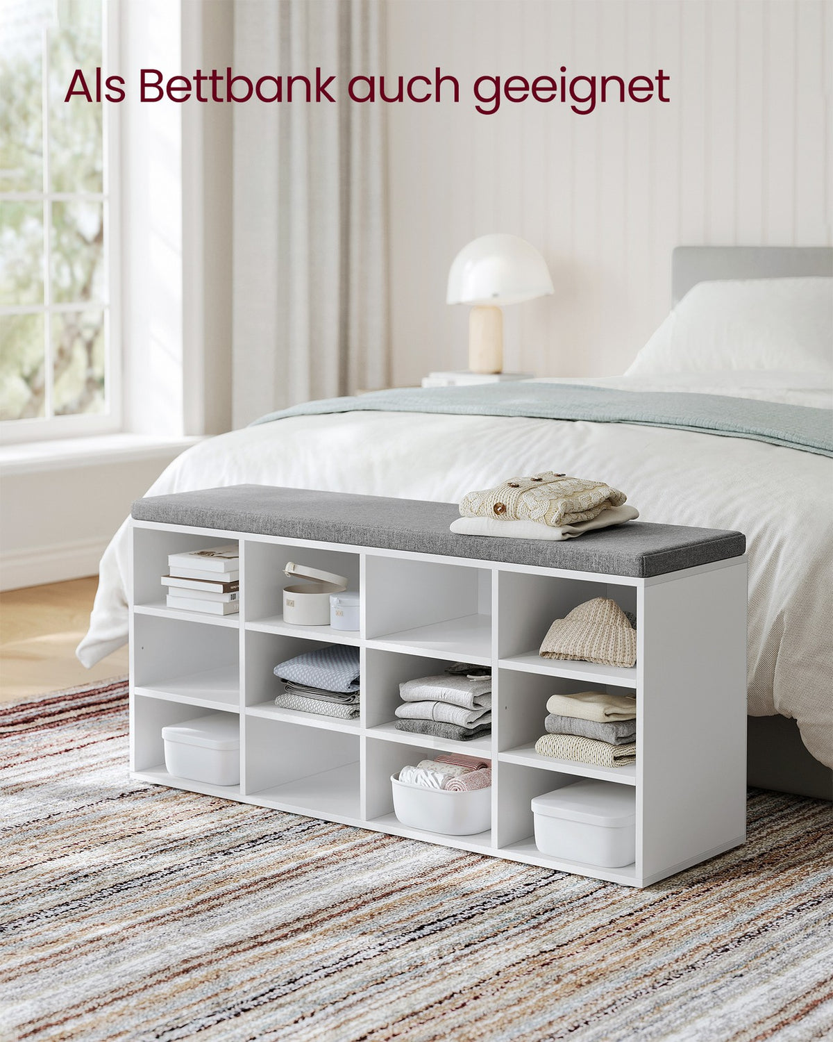 Aufbewahrungsboxen – Schuhbank mit Stauraum – 9 Fächer – Verstellbare Böden – 30,3 x 78,5 x 48 cm – Spanplatte – Schaumstoff – Leinenoptik-Bezug – Max. Belastbarkeit 136 kg