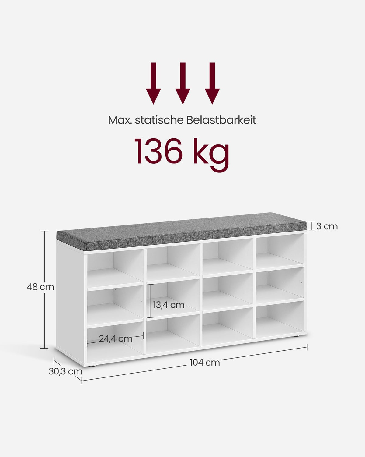 Aufbewahrungsboxen – Schuhbank mit Stauraum – 9 Fächer – Verstellbare Böden – 30,3 x 78,5 x 48 cm – Spanplatte – Schaumstoff – Leinenoptik-Bezug – Max. Belastbarkeit 136 kg