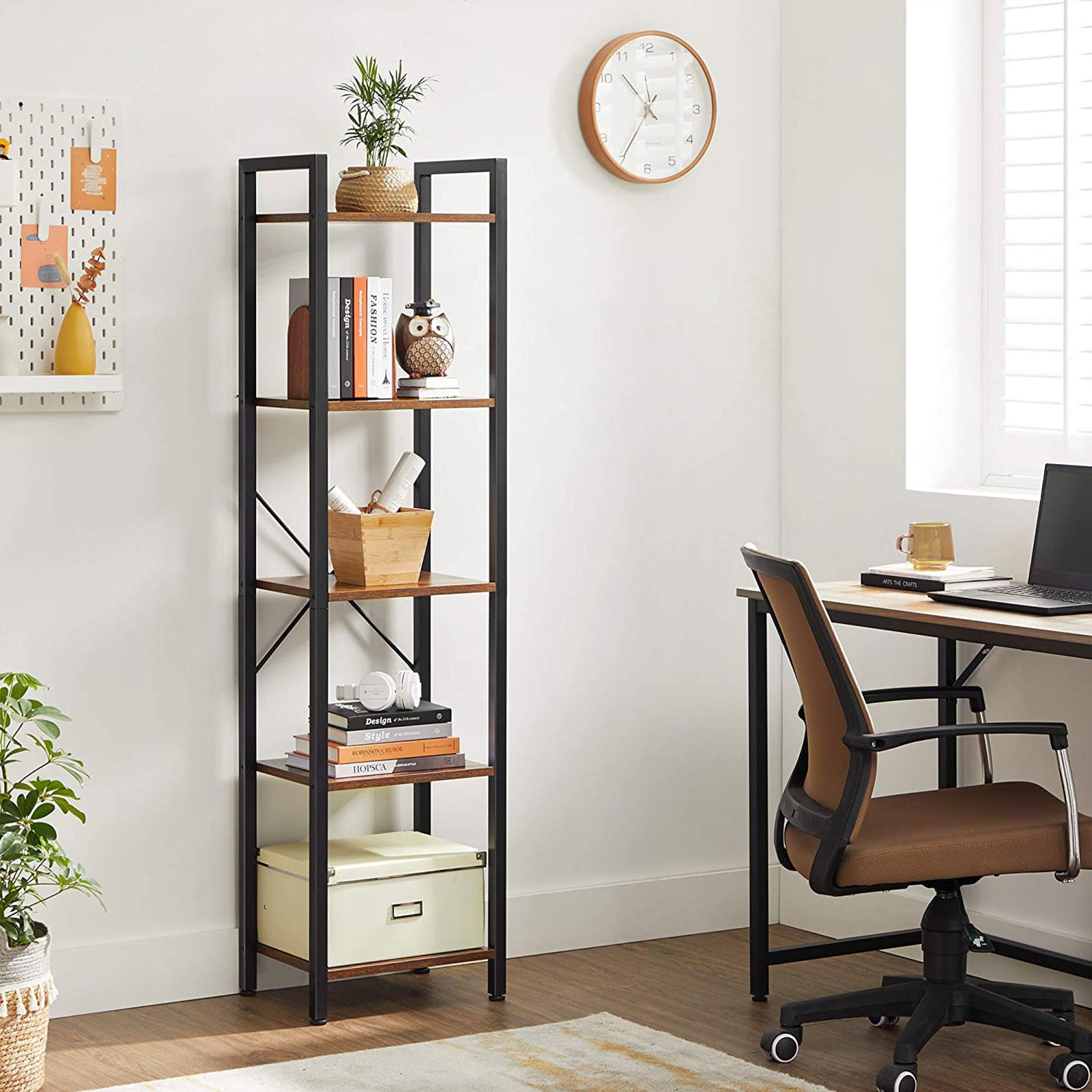 Bücherregal Industriedesign – 6 Ebenen – schmal 40 cm – schwarzer Metallrahmen mit Holzoptik – für Wohnzimmer & Büro