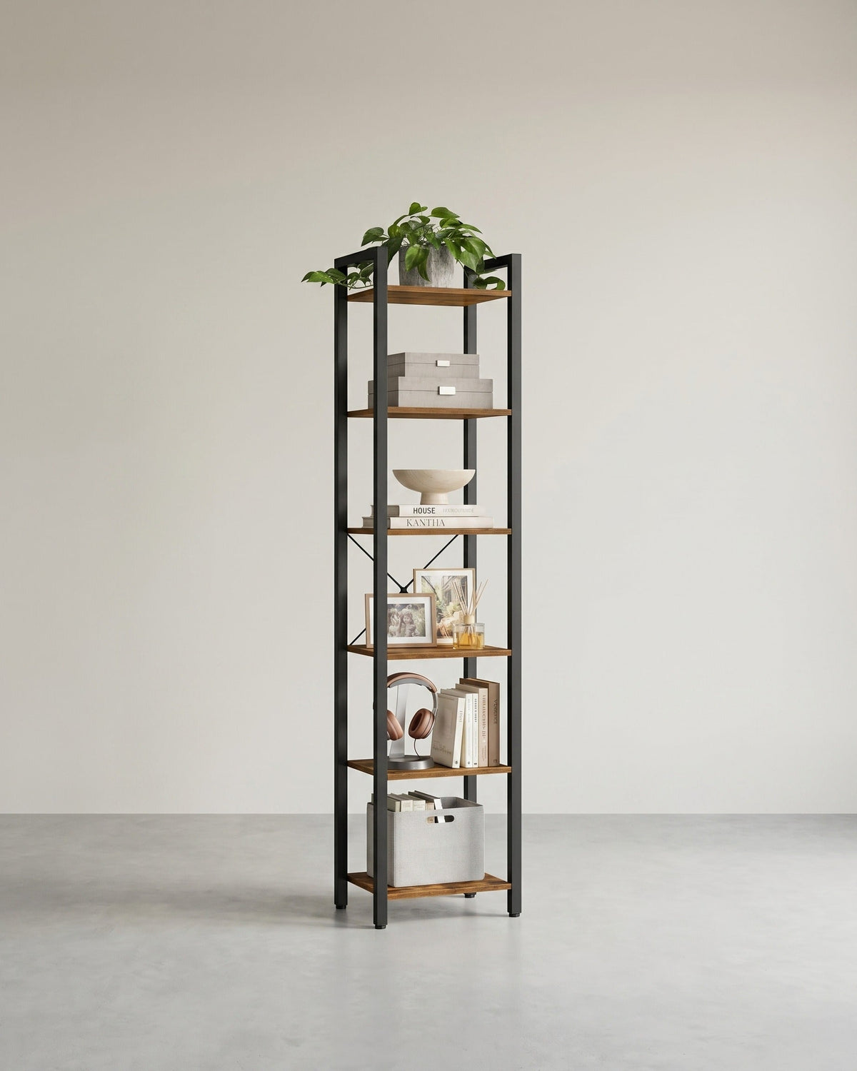 Bücherregal Industriedesign – 6 Ebenen – schmal 40 cm – schwarzer Metallrahmen mit Holzoptik – für Wohnzimmer & Büro