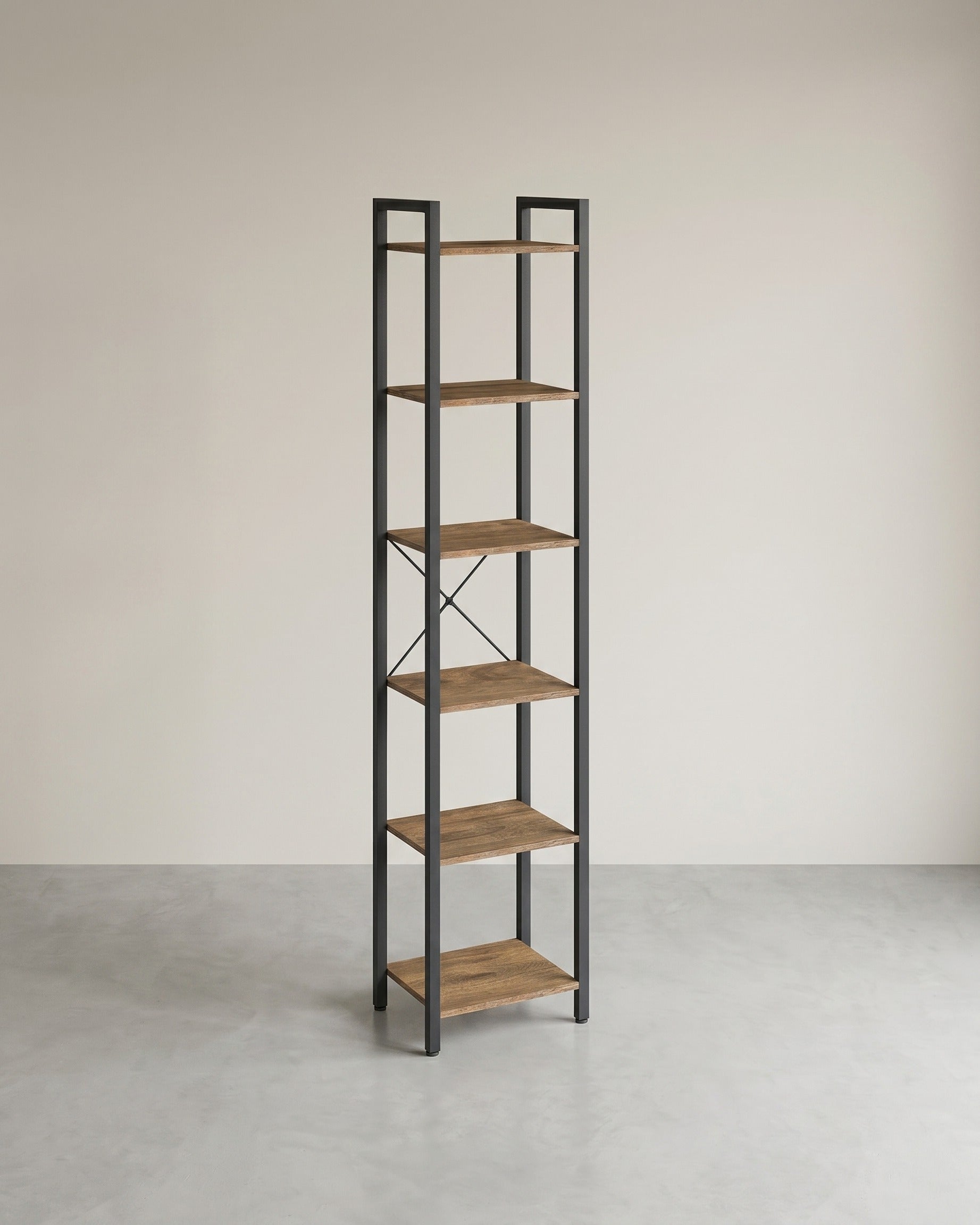 Bücherregal Industriedesign – 6 Ebenen – schmal 40 cm – schwarzer Metallrahmen mit Holzoptik – für Wohnzimmer & Büro