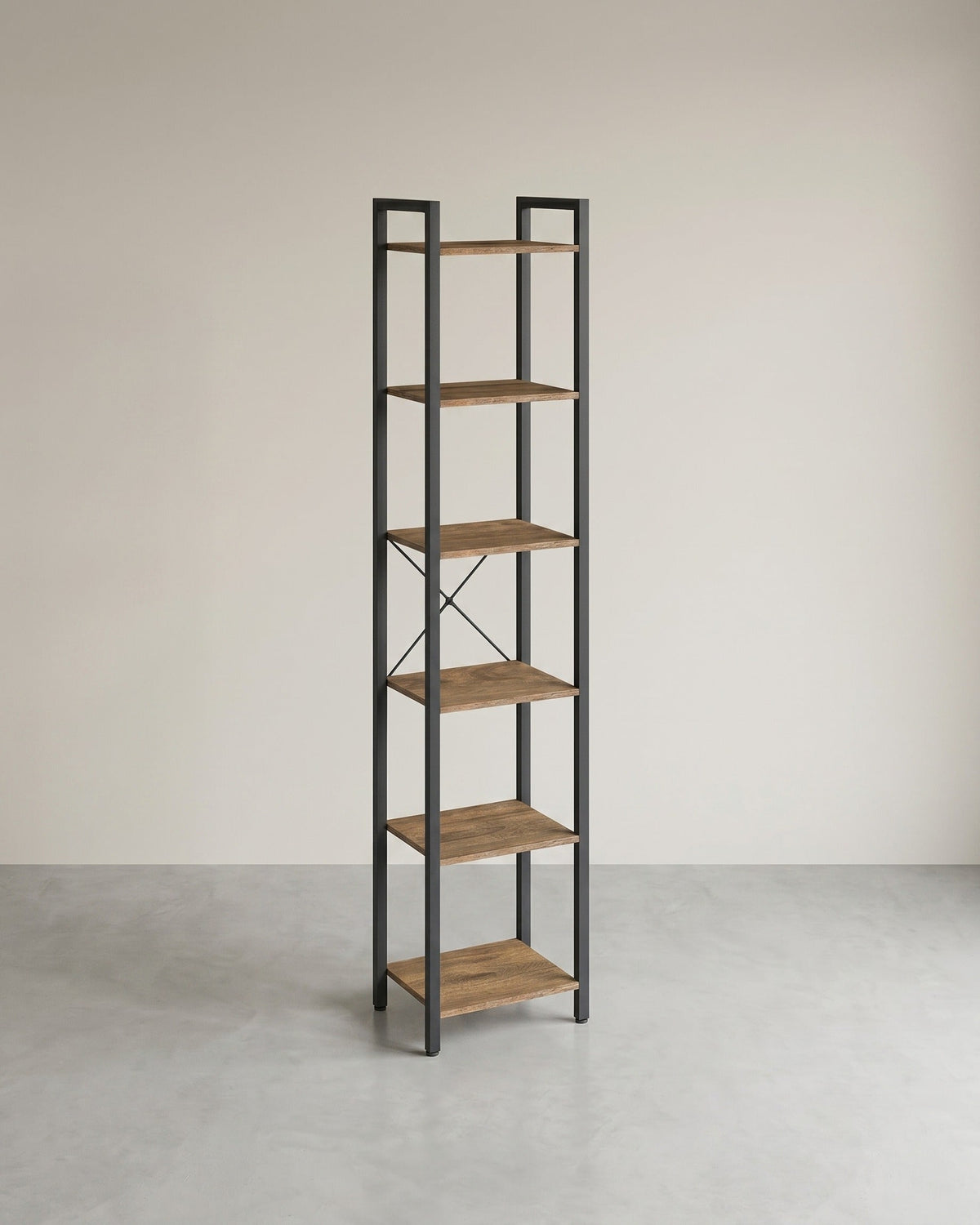 Bücherregal Industriedesign – 6 Ebenen – schmal 40 cm – schwarzer Metallrahmen mit Holzoptik – für Wohnzimmer & Büro