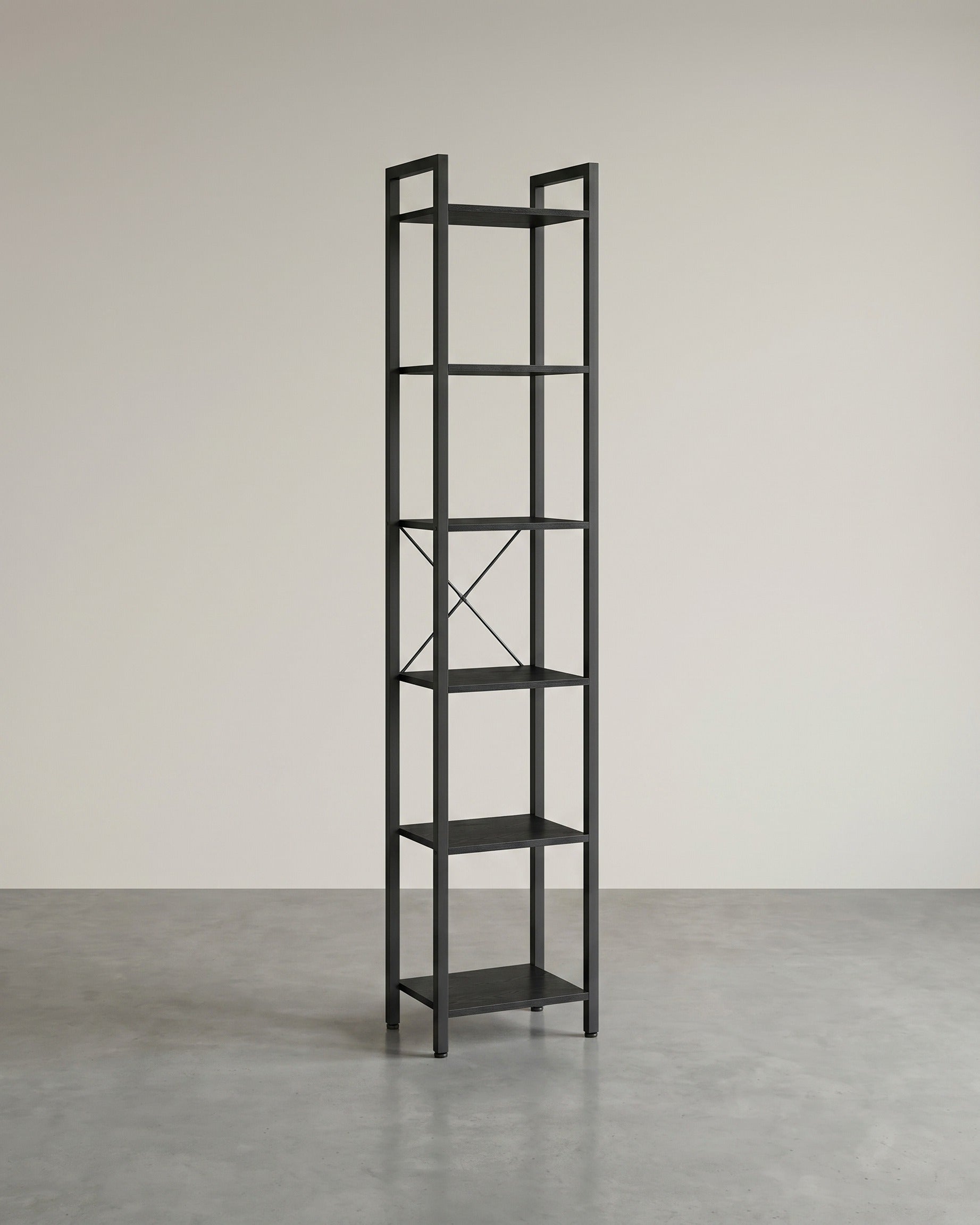 Bücherregal Industriedesign – 6 Ebenen – schmal 40 cm – schwarzer Metallrahmen mit Holzoptik – für Wohnzimmer & Büro