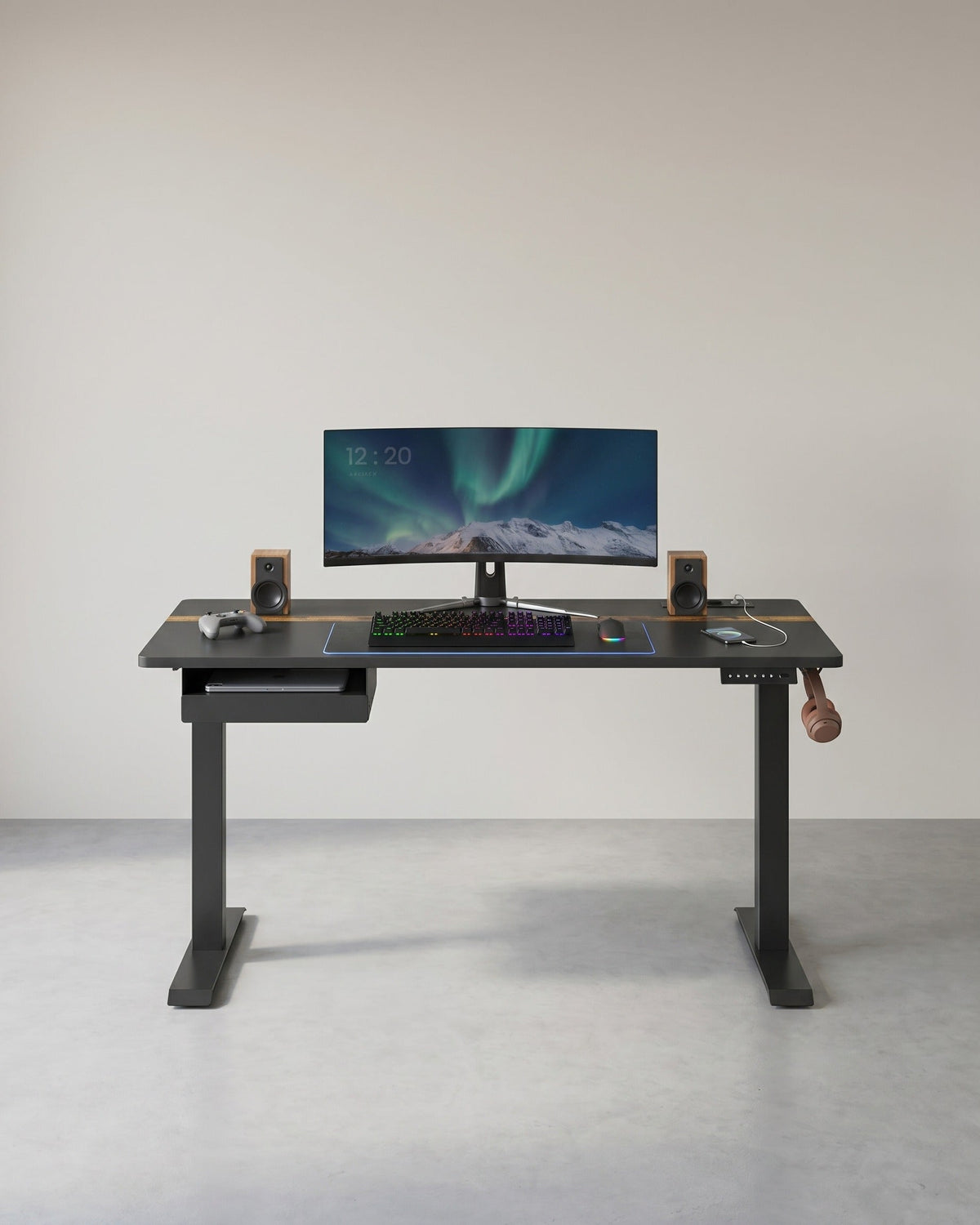 Kompletter Arbeitsplatz – Elektrischer Stehschreibtisch + ergonomischer Bürostuhl – mit Memory-Funktion – Steckdose – verstellbare Rücken- und Armlehnen