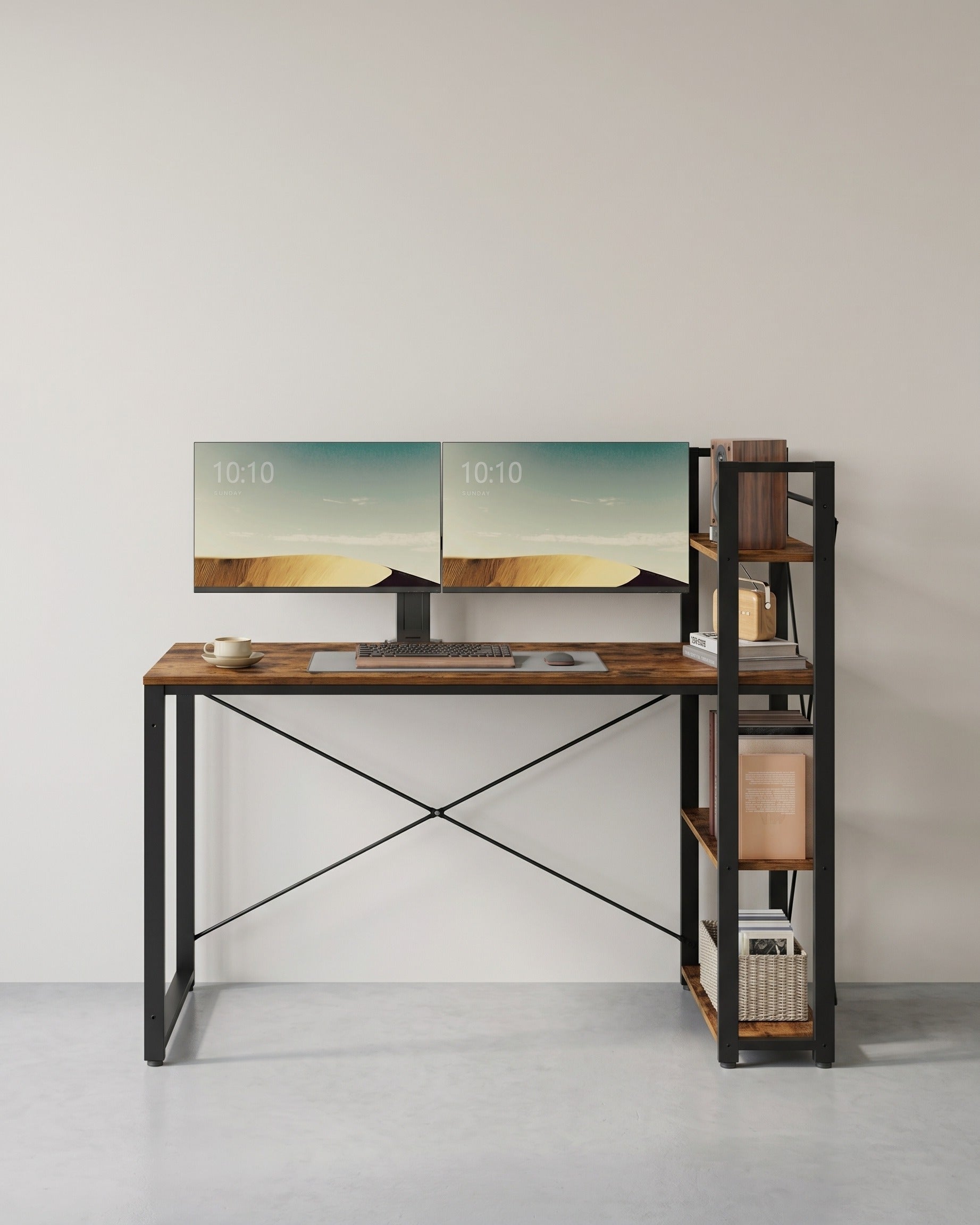 Industrie-Schreibtisch mit 3 Ablagen – 120 cm – Rechts oder Links montierbar – Verstellbare Füße – Bis 50 kg belastbar