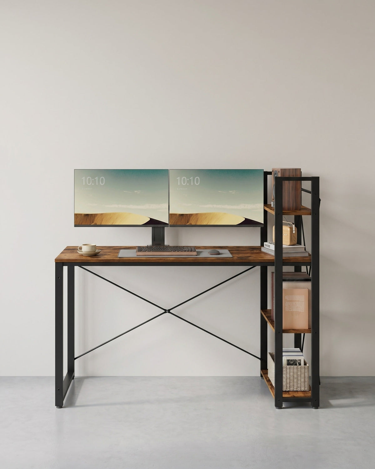 Industrie-Schreibtisch mit 3 Ablagen – 120 cm – Rechts oder Links montierbar – Verstellbare Füße – Bis 50 kg belastbar