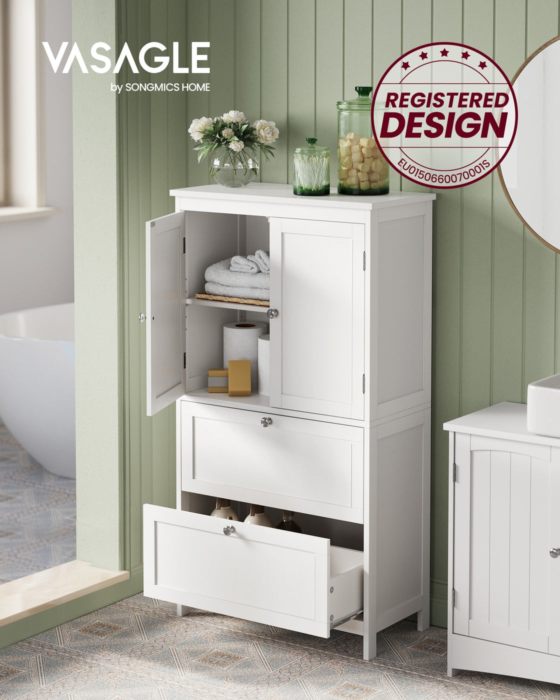 Badezimmerschränke – 30 x 60 x 110 cm – 2 Türen – 2 Schubladen – MDF – Verstellbarer Boden – 18,5 kg – Maximale Belastung 136 kg