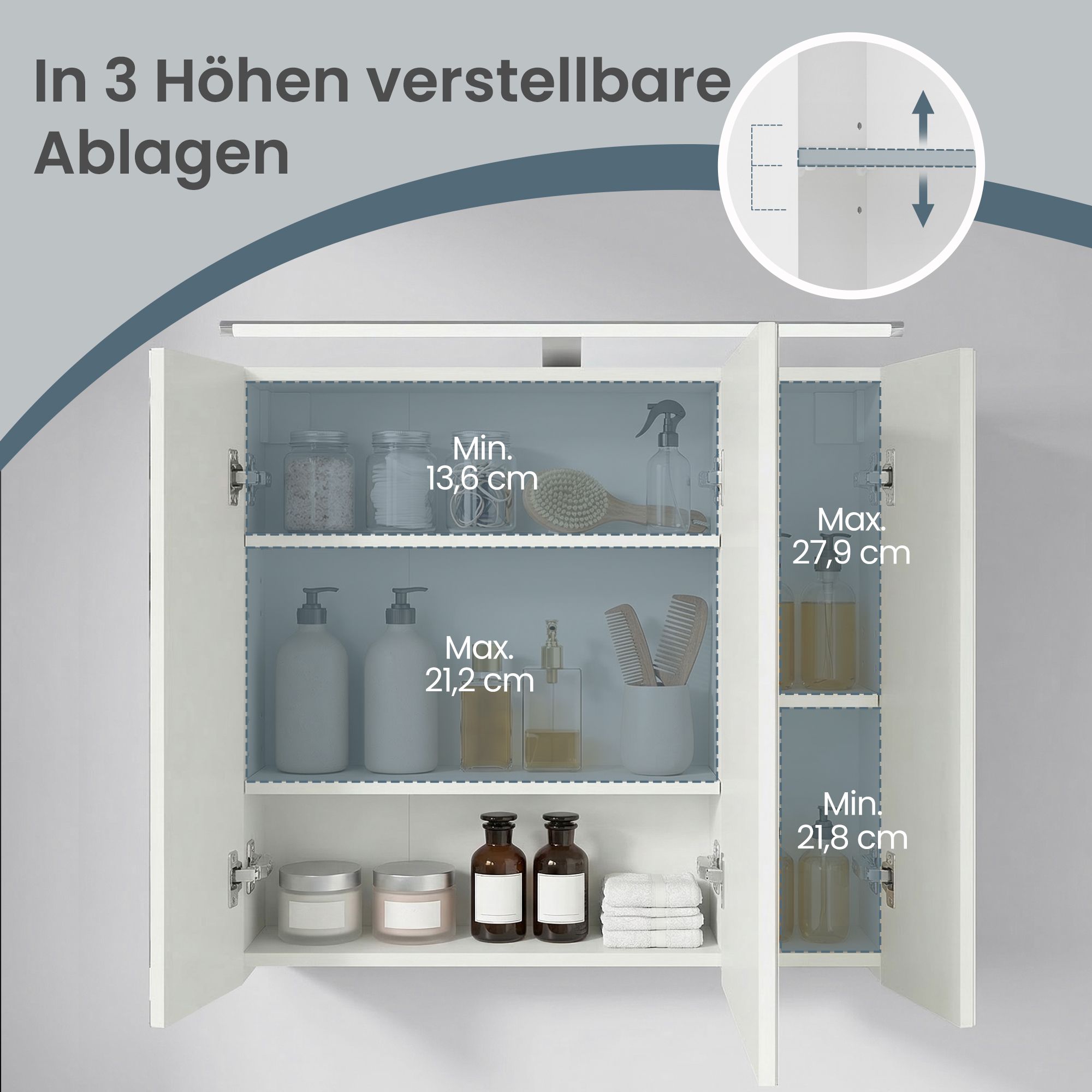 Spiegelschrank - Hängeschrank Mit Verstellbaren Böden Und Beleuchtung - Für Badezimmer