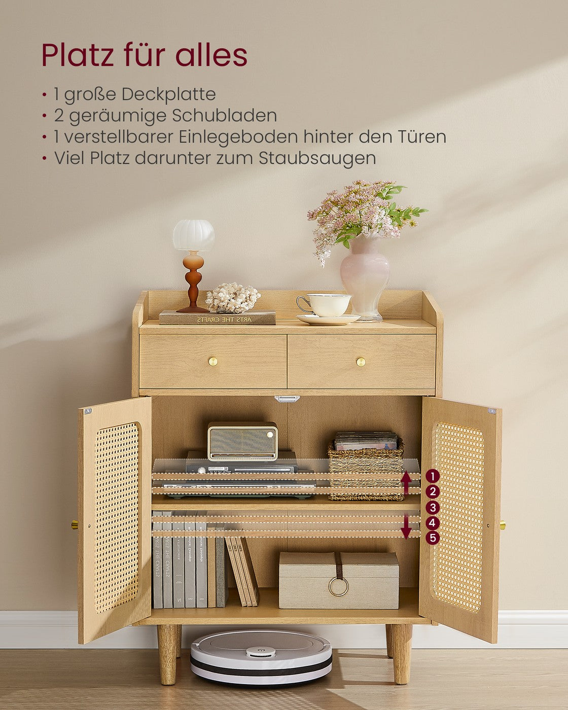 Sideboard Bohoven - Mit Rattan-Optik-Türen - Für Wohnzimmer, Flur Oder Schlafzimmer