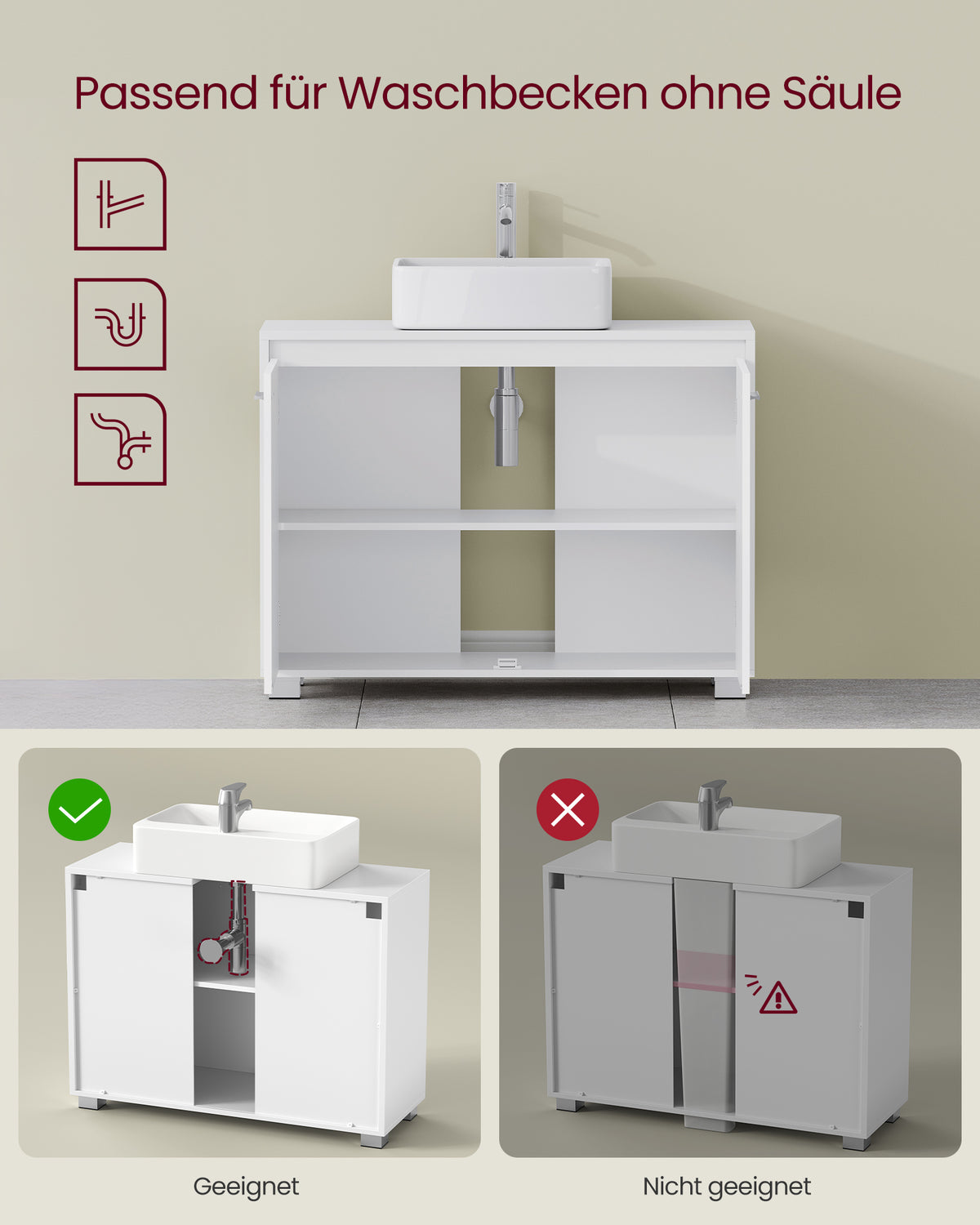 Badezimmerschrank für Waschbecken – Waschtischmöbel ohne Säule – Weiß – 60 oder 80 cm
