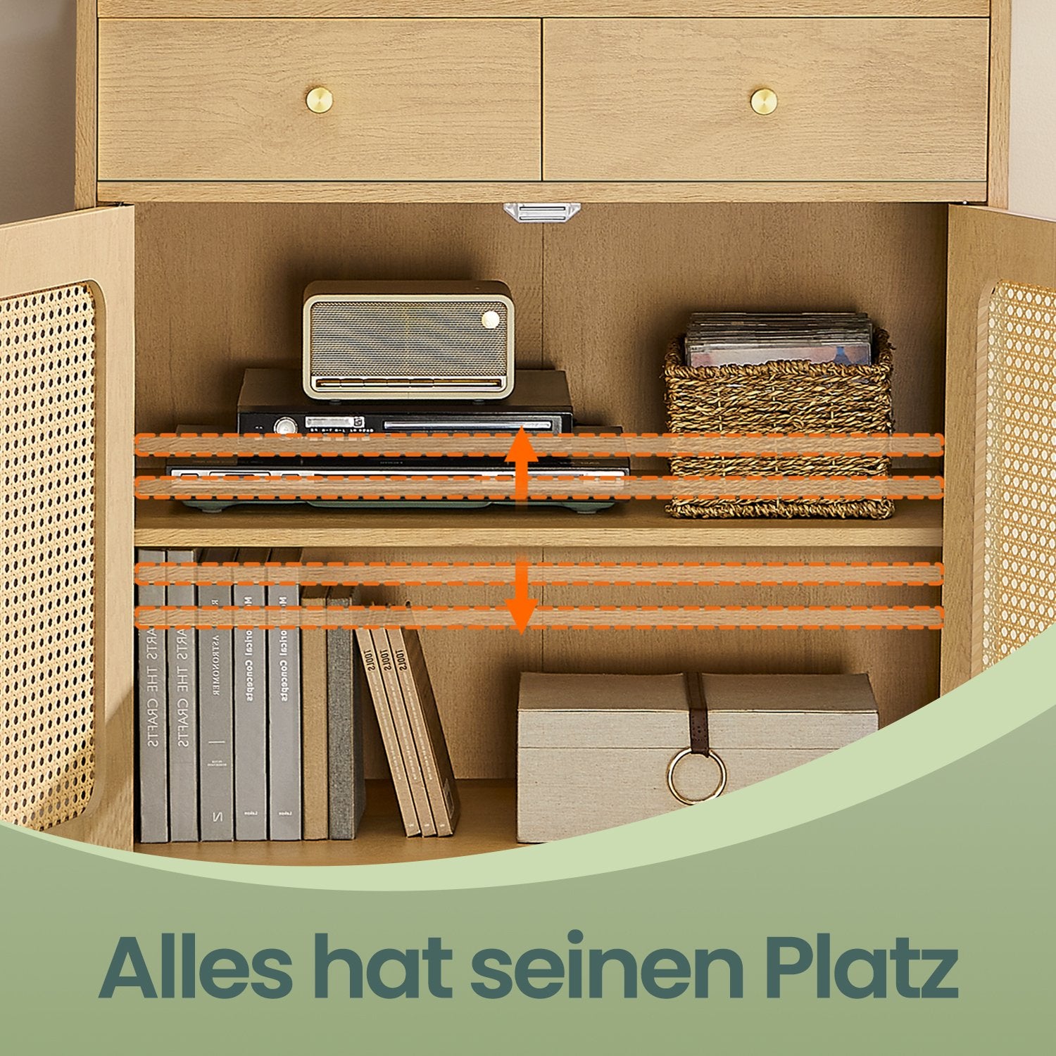 Sideboard Bohoven - Mit Rattan-Optik-Türen - Für Wohnzimmer, Flur Oder Schlafzimmer