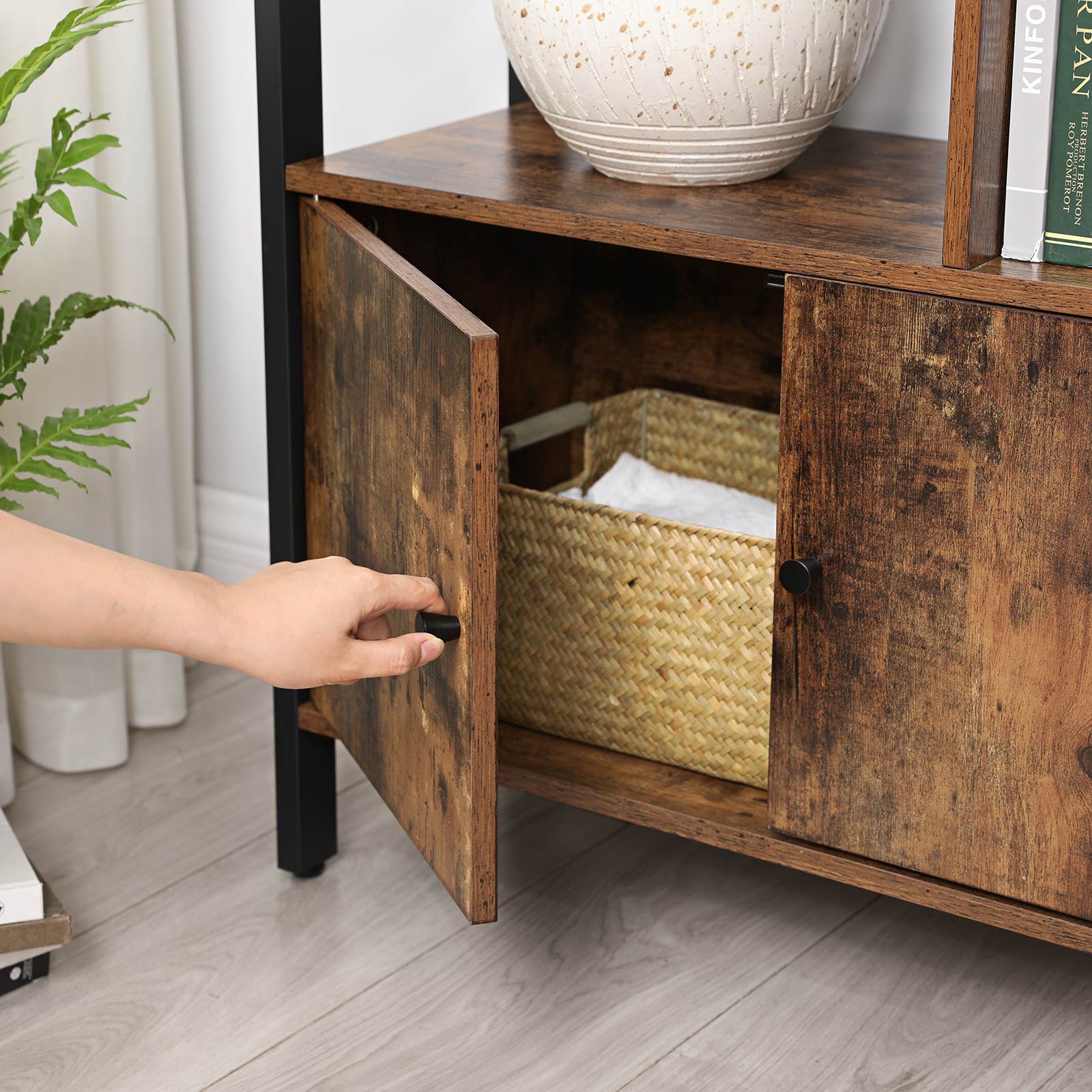 Bücherregal Industriedesign mit Zickzack-Design – 4 offene Böden + Schrank mit Türen – für Wohnzimmer & Büro