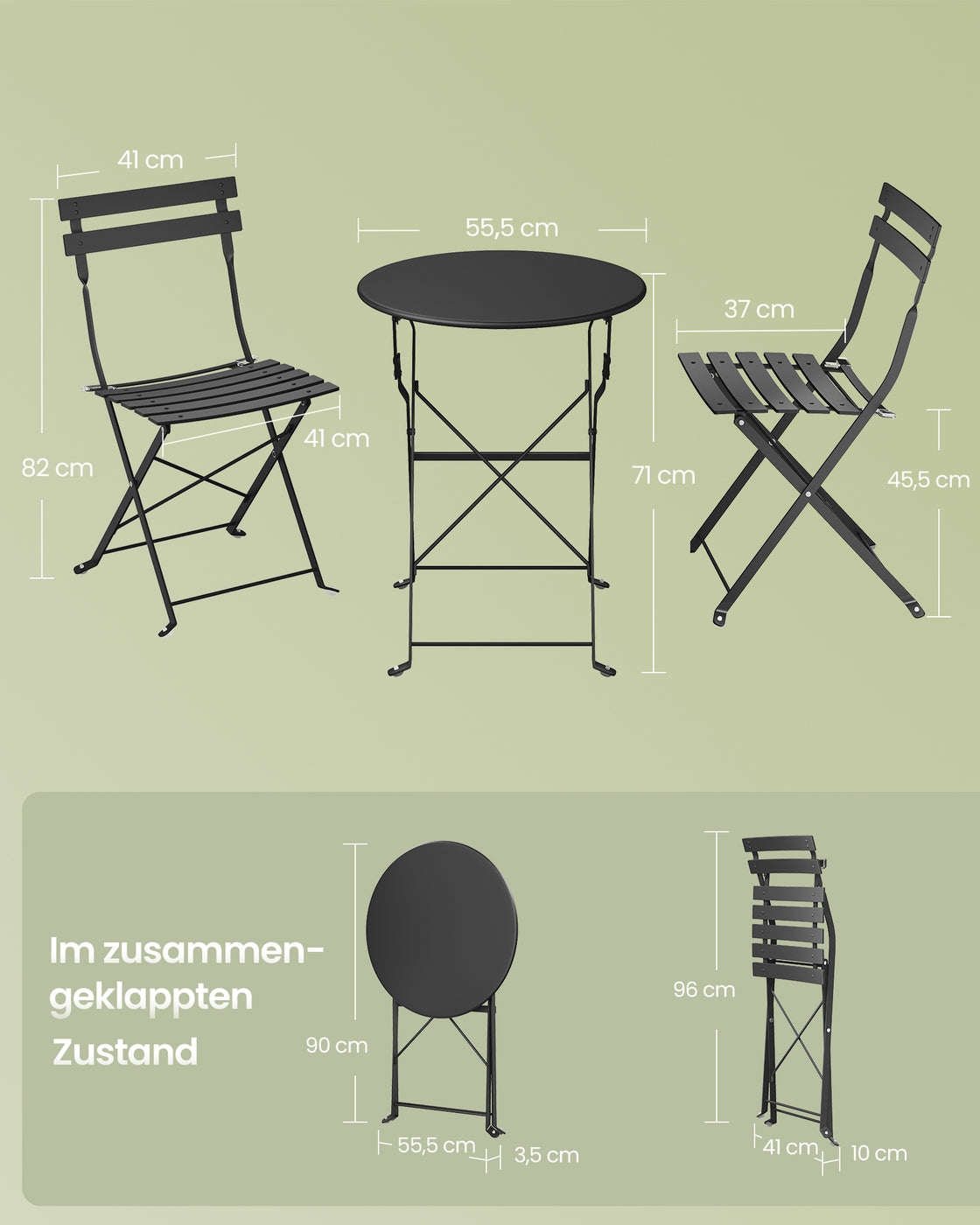 Balkonmöbel-Set, 3-teilig – Klapptisch mit 2 Stühlen – Stahlgestell – Wetterfest – Für Balkon und Terrasse