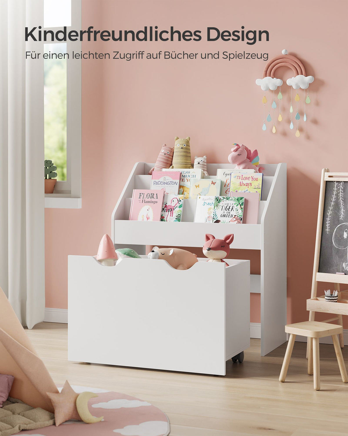 Kinderbücherregal mit Spielzeugkiste – mit Rollen und Kippschutz – 62,5 cm breit