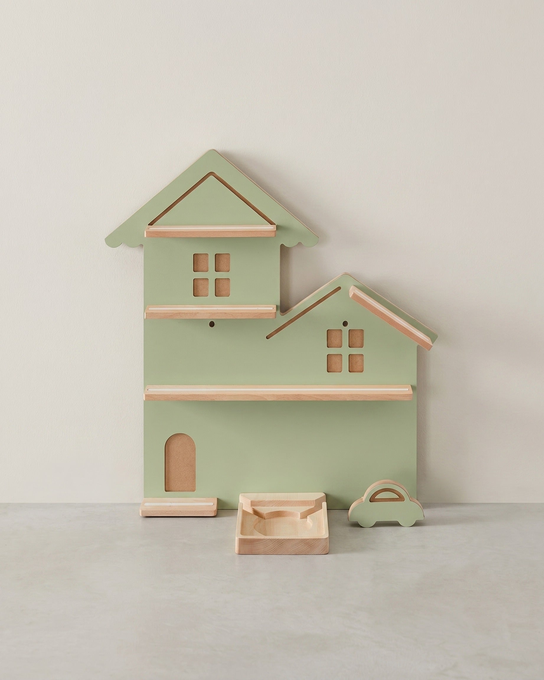 Wandregal für Toniebox und Figuren - Straßendesign - Mit magnetischen Ablagen aus Buchenholz - Inklusive Kabelhalter - 55,6 cm breit