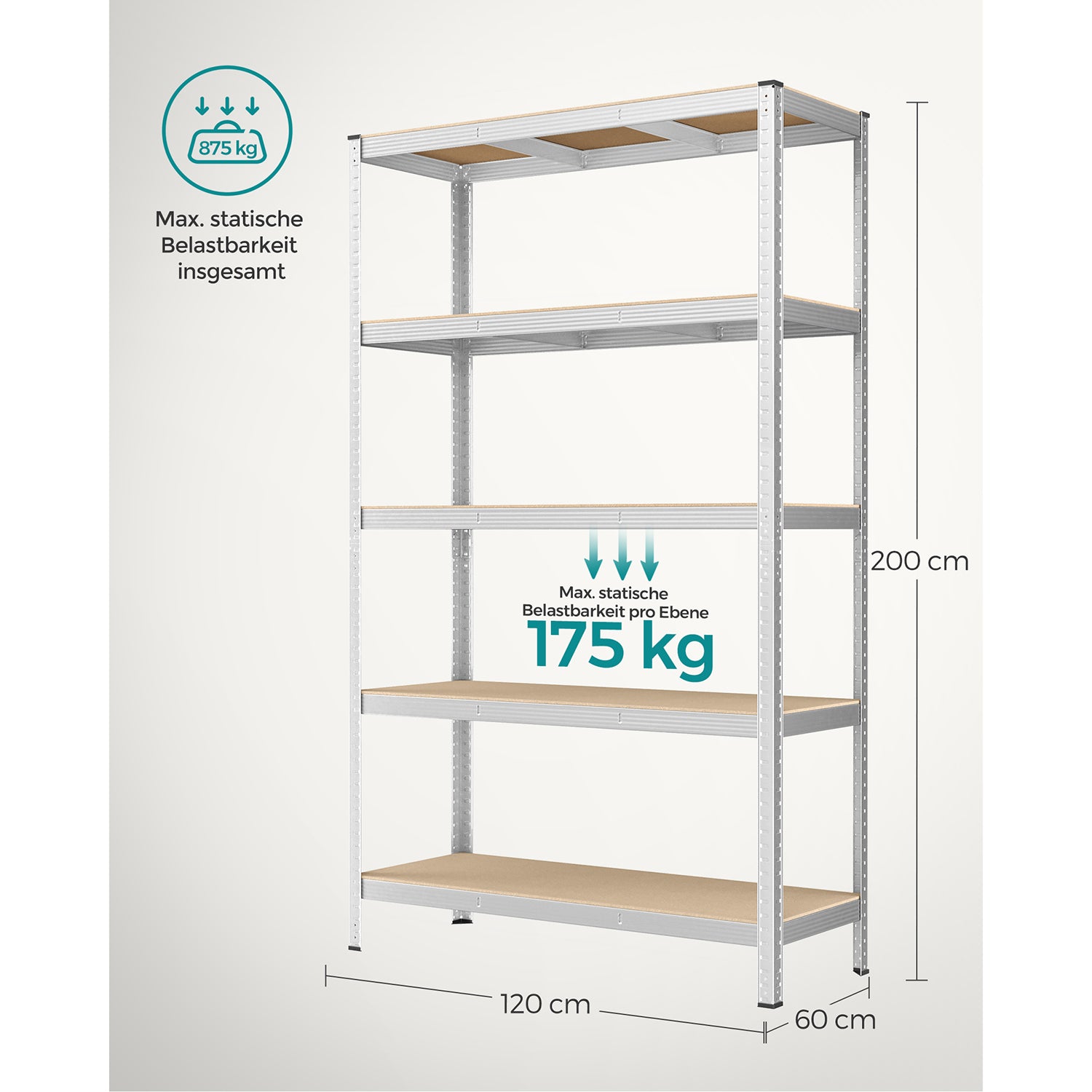 Lagerregal / Schwerlastregal – verstellbare Böden – bis 120 kg pro Boden – Stahlrahmen für Küche, Garage & Abstellraum