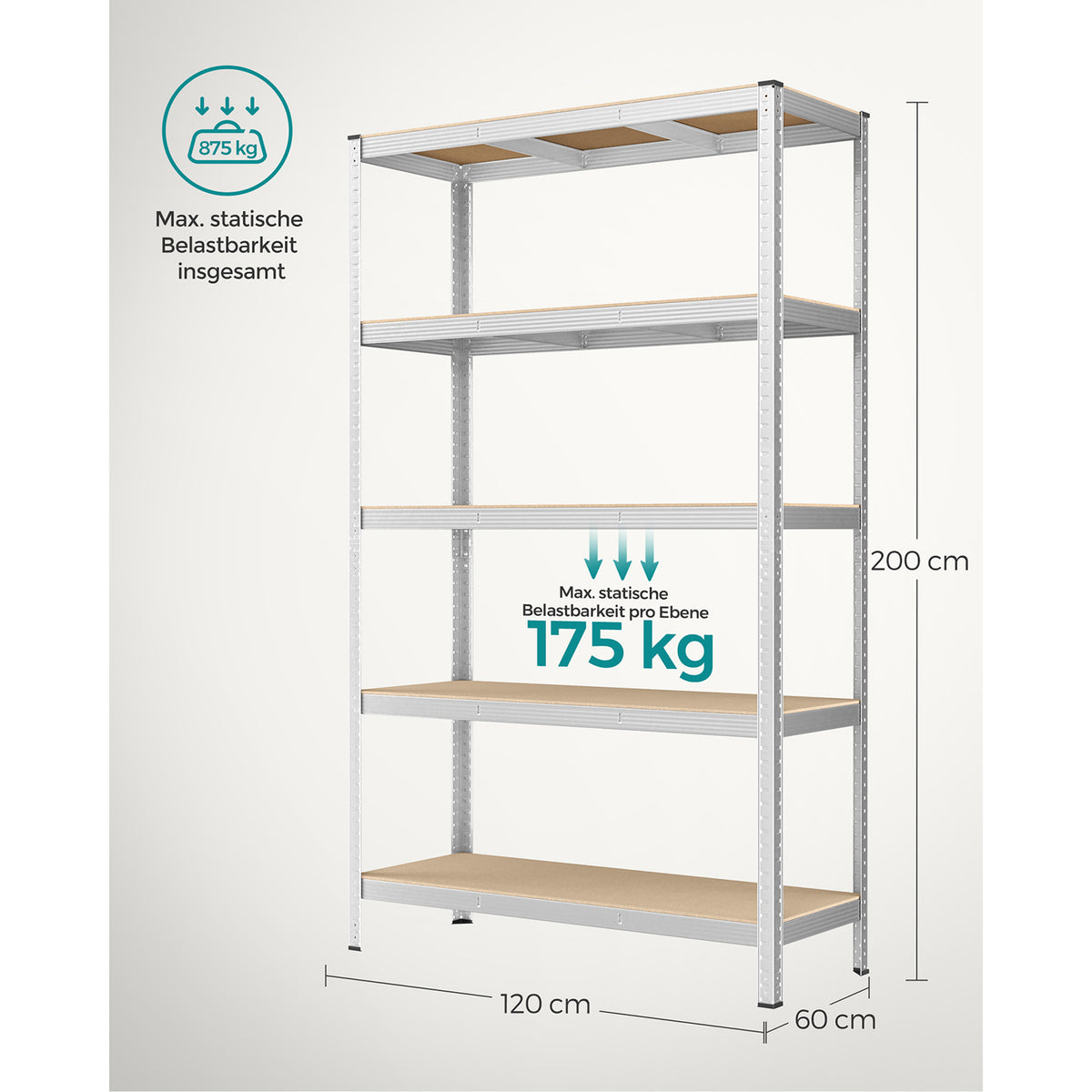 Lagerregal / Schwerlastregal – verstellbare Böden – bis 120 kg pro Boden – Stahlrahmen für Küche, Garage & Abstellraum