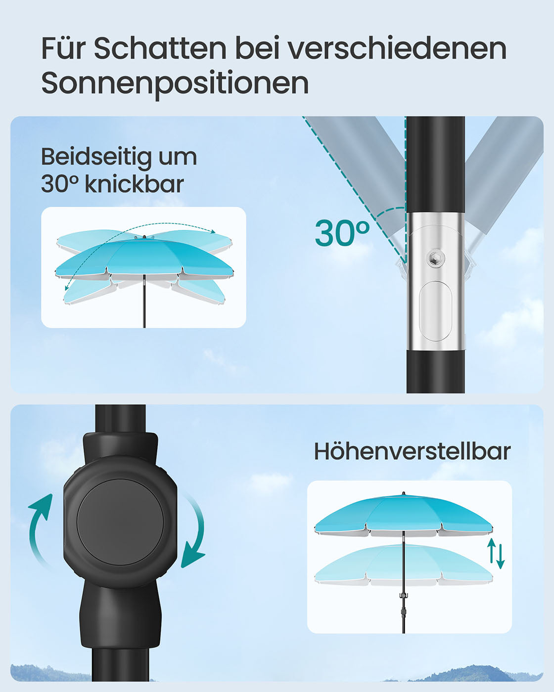 Strandsonnenschirm mit Aufbewahrung – Ø160 oder 200 cm – Verstellbar – UV-Schutz LSF 50+ – Inklusive Tragetasche