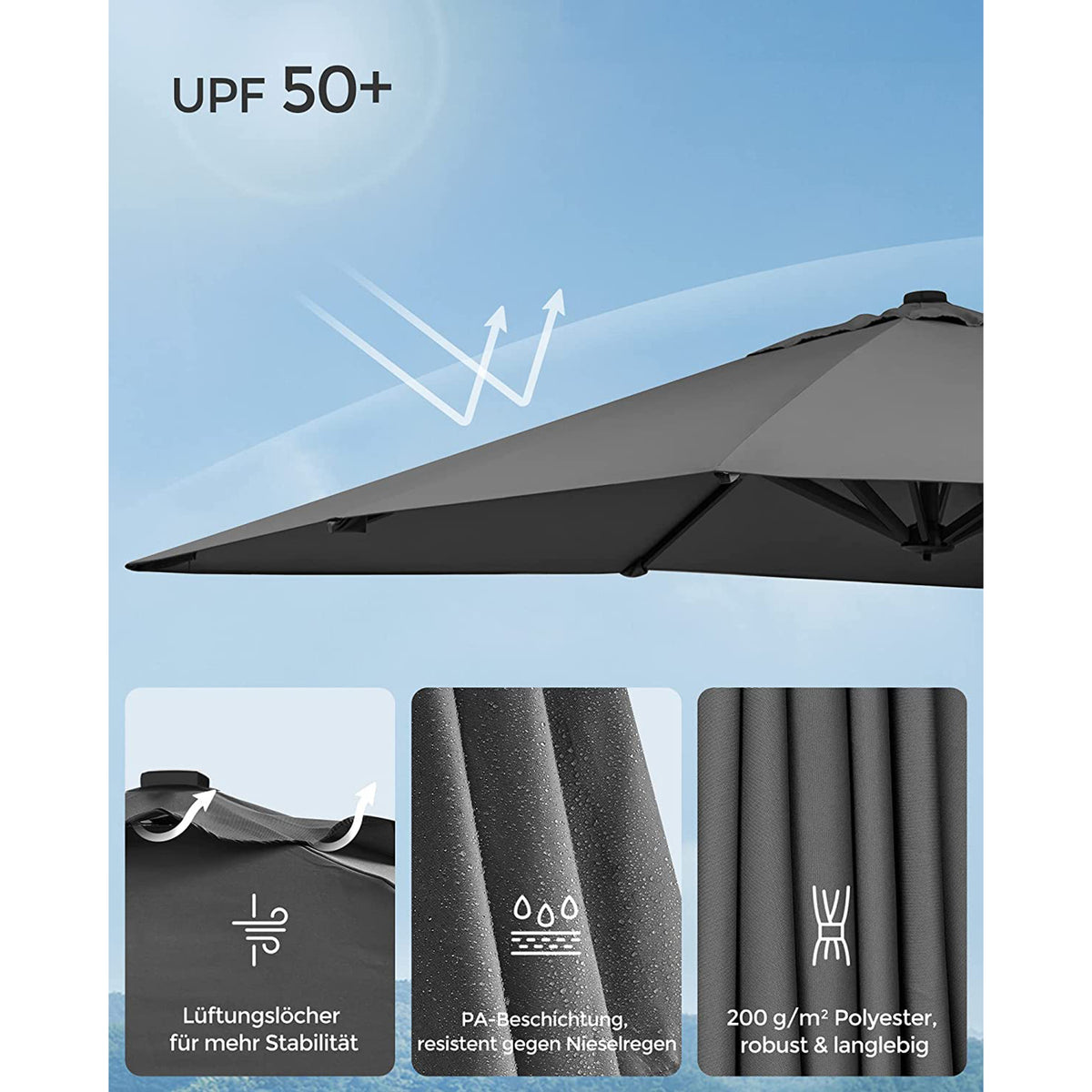 Ampelschirm 290 x 290 cm - Stufenlos verstellbar - Neigbar und 360° Drehfunktion