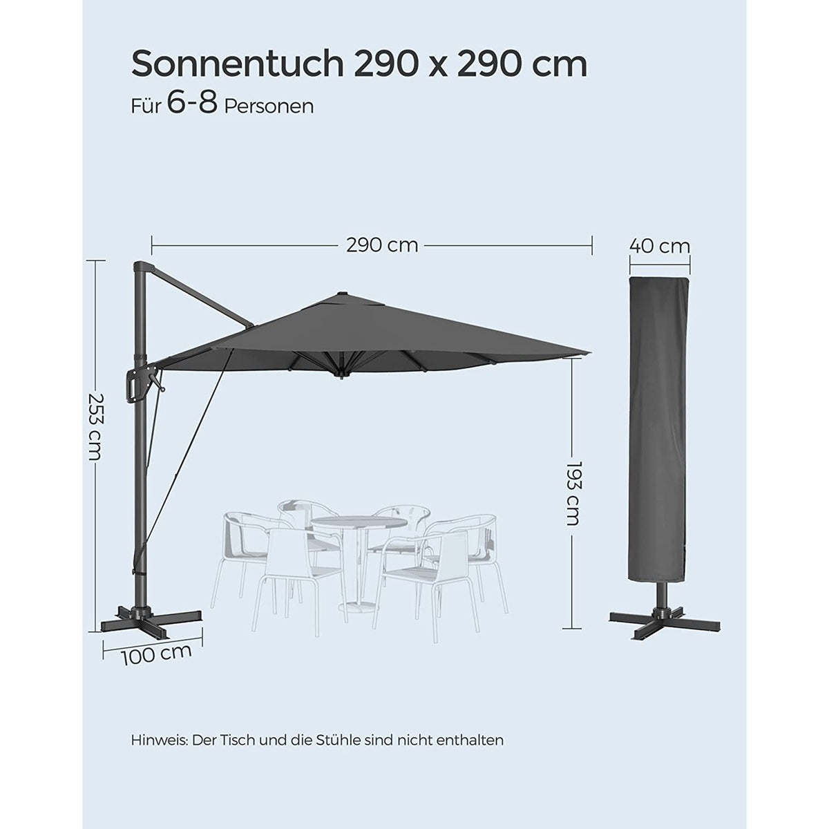 Ampelschirm 290 x 290 cm - Stufenlos verstellbar - Neigbar und 360° Drehfunktion