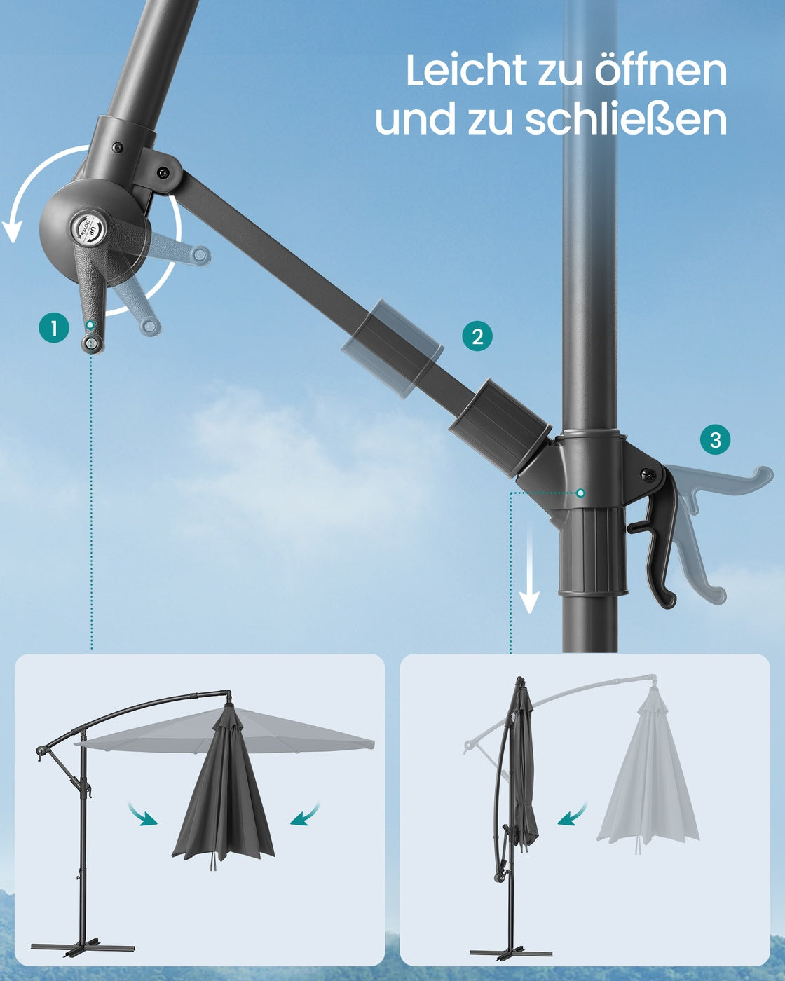 Sonnenschirm mit LED-Solarbeleuchtung – mit Ständer – UV-Schutz 50+ – schwenkbar – für Balkon und Garten