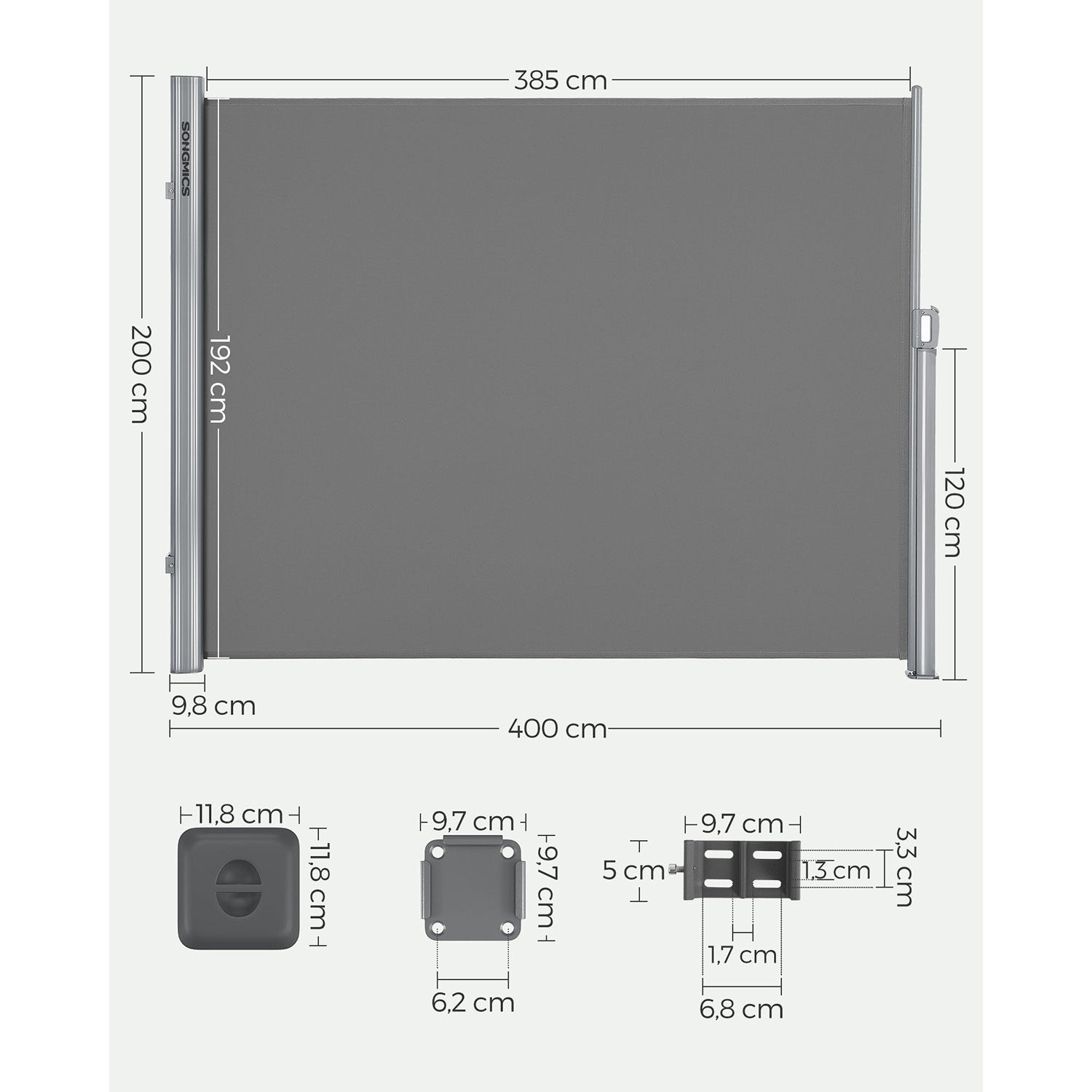 Ausziehbare Seitenmarkise - Gartenmarkise - Balkonmarkise - 200 x (300-350-400) cm