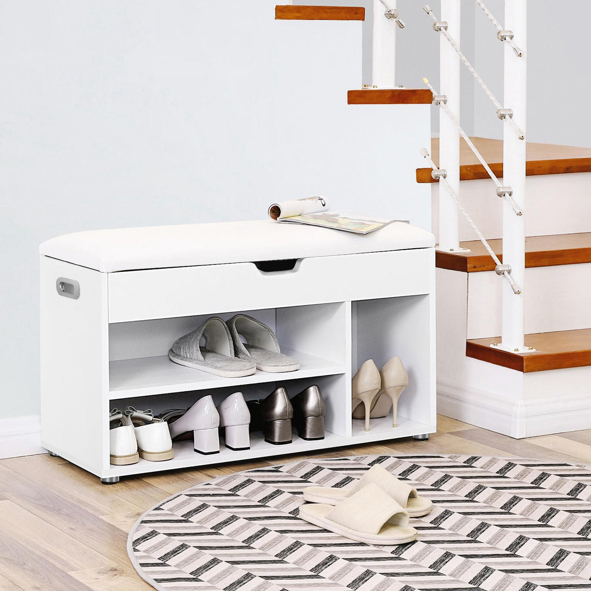 Schuhbank mit Stauraum 80 cm – Weiß mit Sitzkissen – Flurmöbel / Schuhschrank bis 150 kg