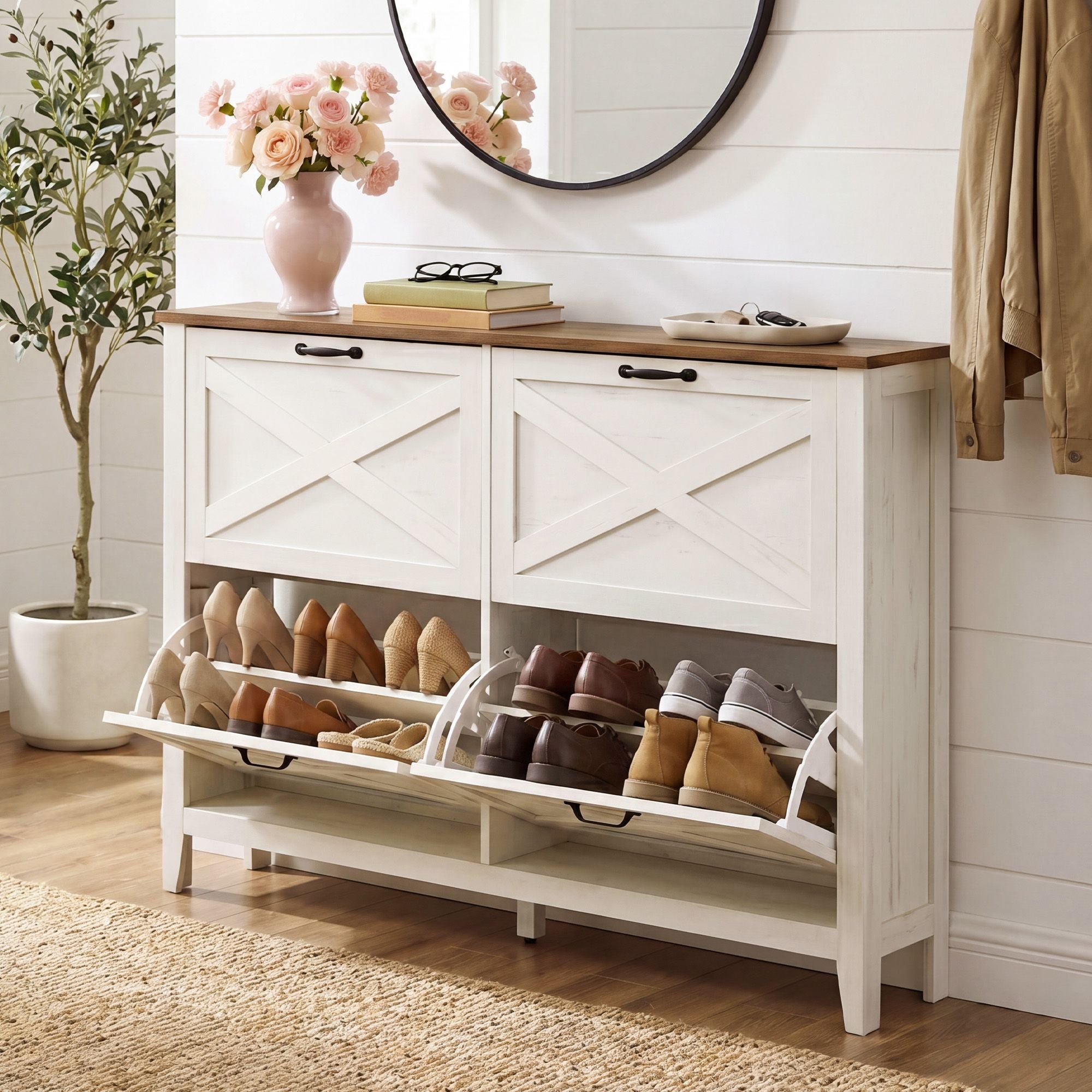 Schuhschrank Mit 4 Klappfächern - Schmal Und Freistehend - Für Flur Und Eingangsbereich