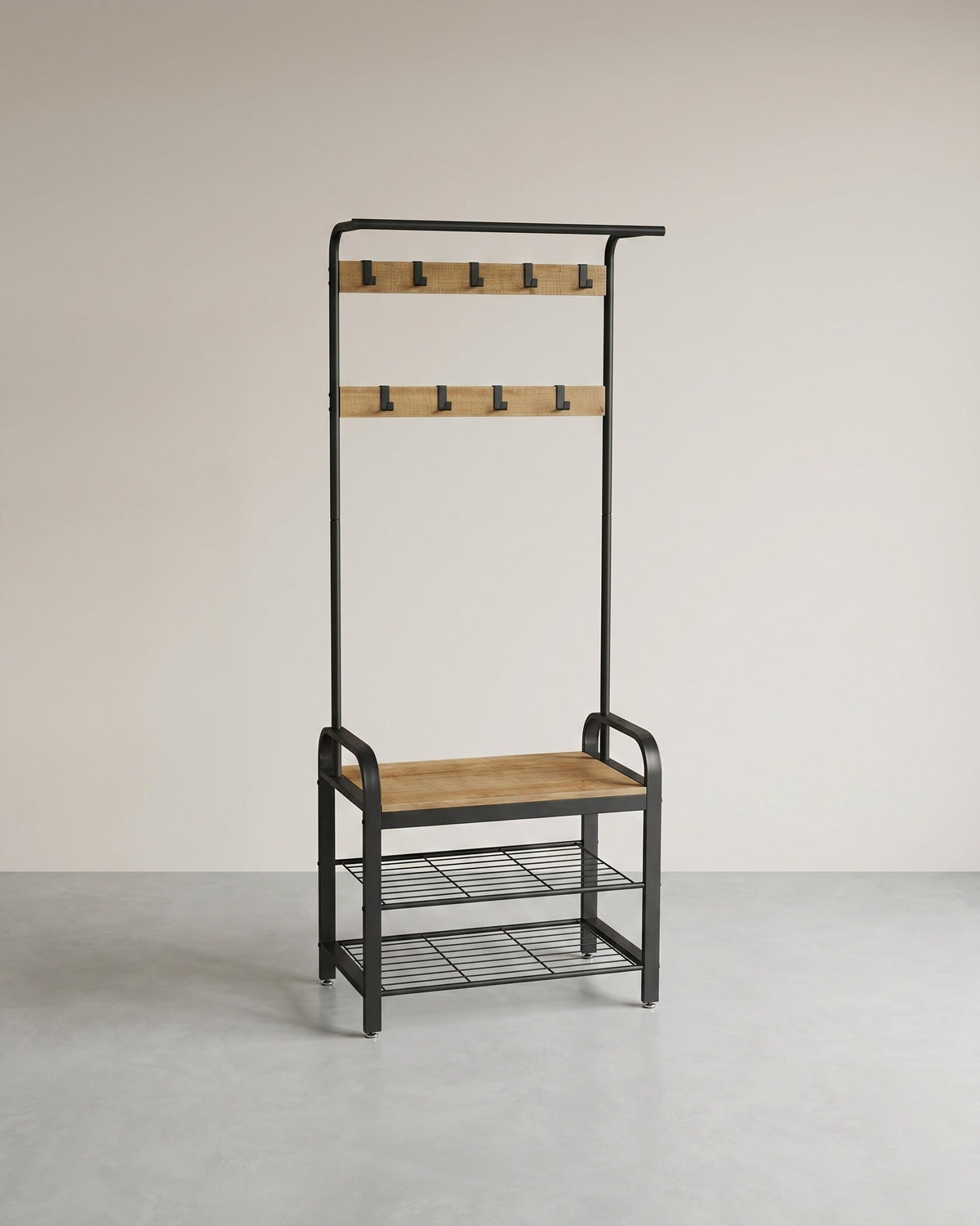Garderobe mit Schuhregal & Sitzbank – Industriedesign Holz & Metall – 9 Haken + Kleiderstange – Flurmöbel