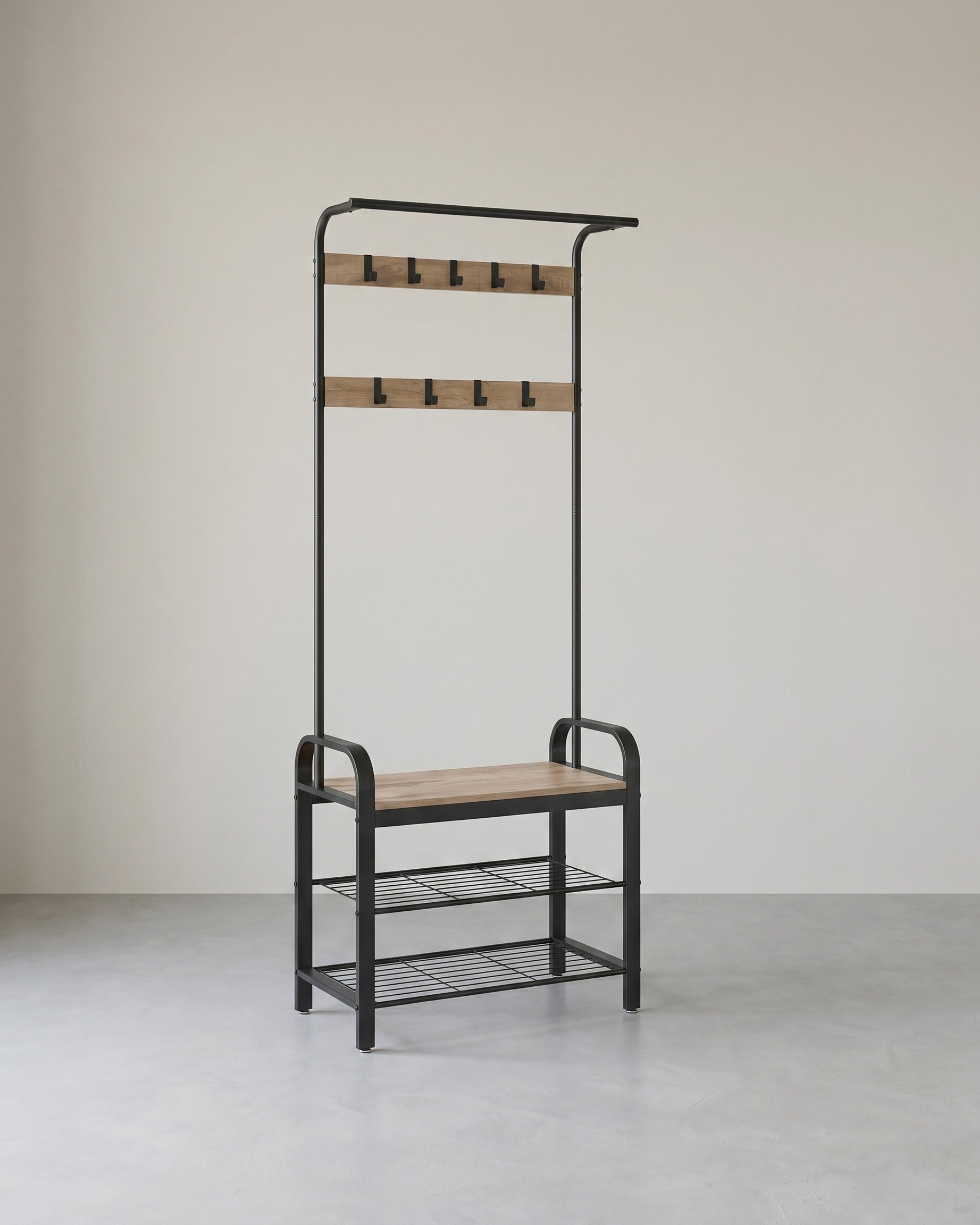 Garderobe mit Schuhregal & Sitzbank – Industriedesign Holz & Metall – 9 Haken + Kleiderstange – Flurmöbel