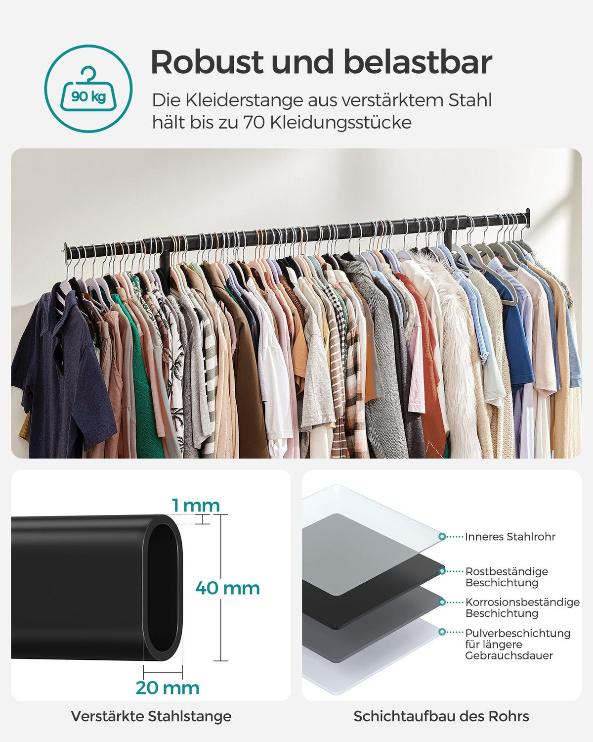 Kleiderständer auf Rollen – ausziehbar – verchromtes Metall – Tragkraft 90 kg