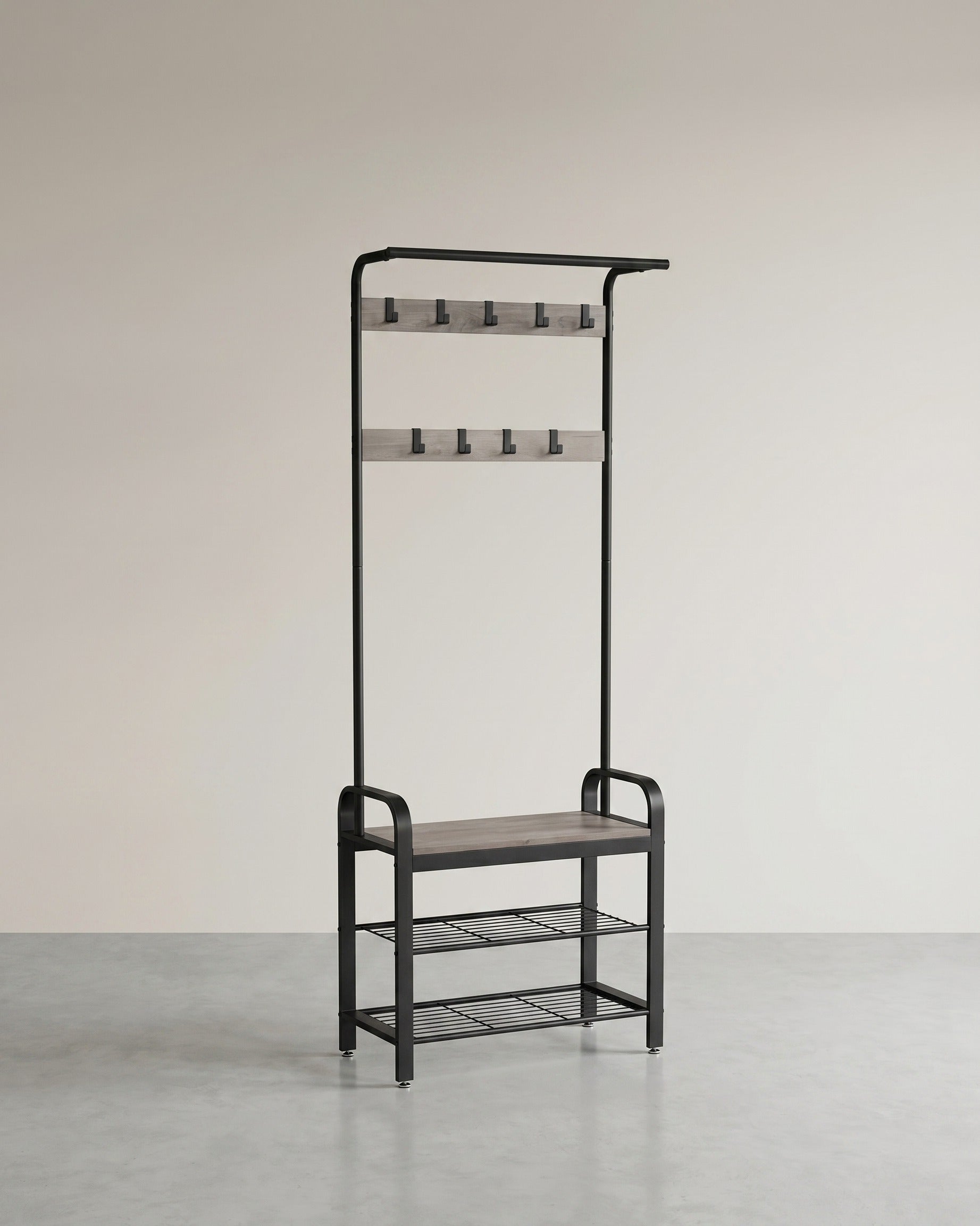 Garderobe mit Schuhregal & Sitzbank – Industriedesign Holz & Metall – 9 Haken + Kleiderstange – Flurmöbel