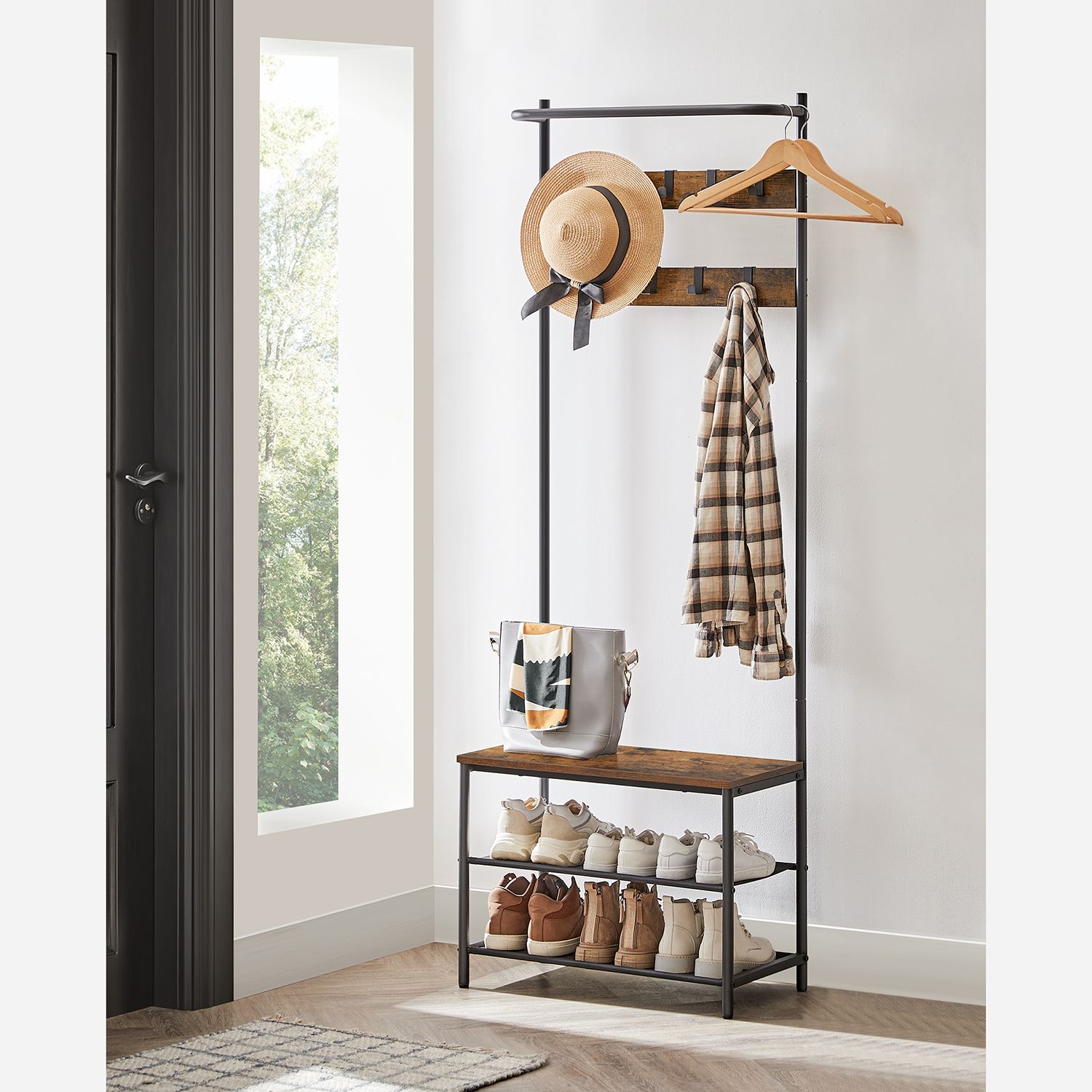 Garderobenständer mit Bank – 3-in-1 Garderobenregal – Ablagen & Haken – 32,2 x 64 x 180 cm