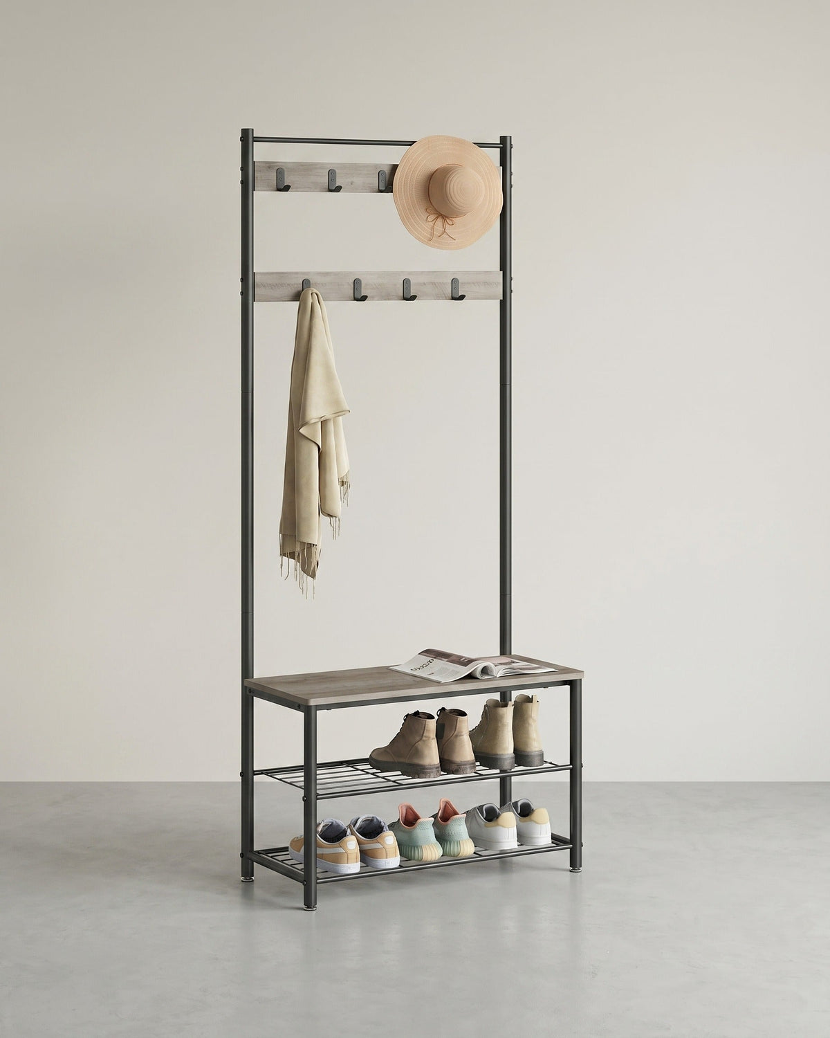 Garderobenständer mit Sitzbank – 3-in-1 Garderobe – Jacken, Schuhe & Sitzbank – 70 x 32 x 175 cm