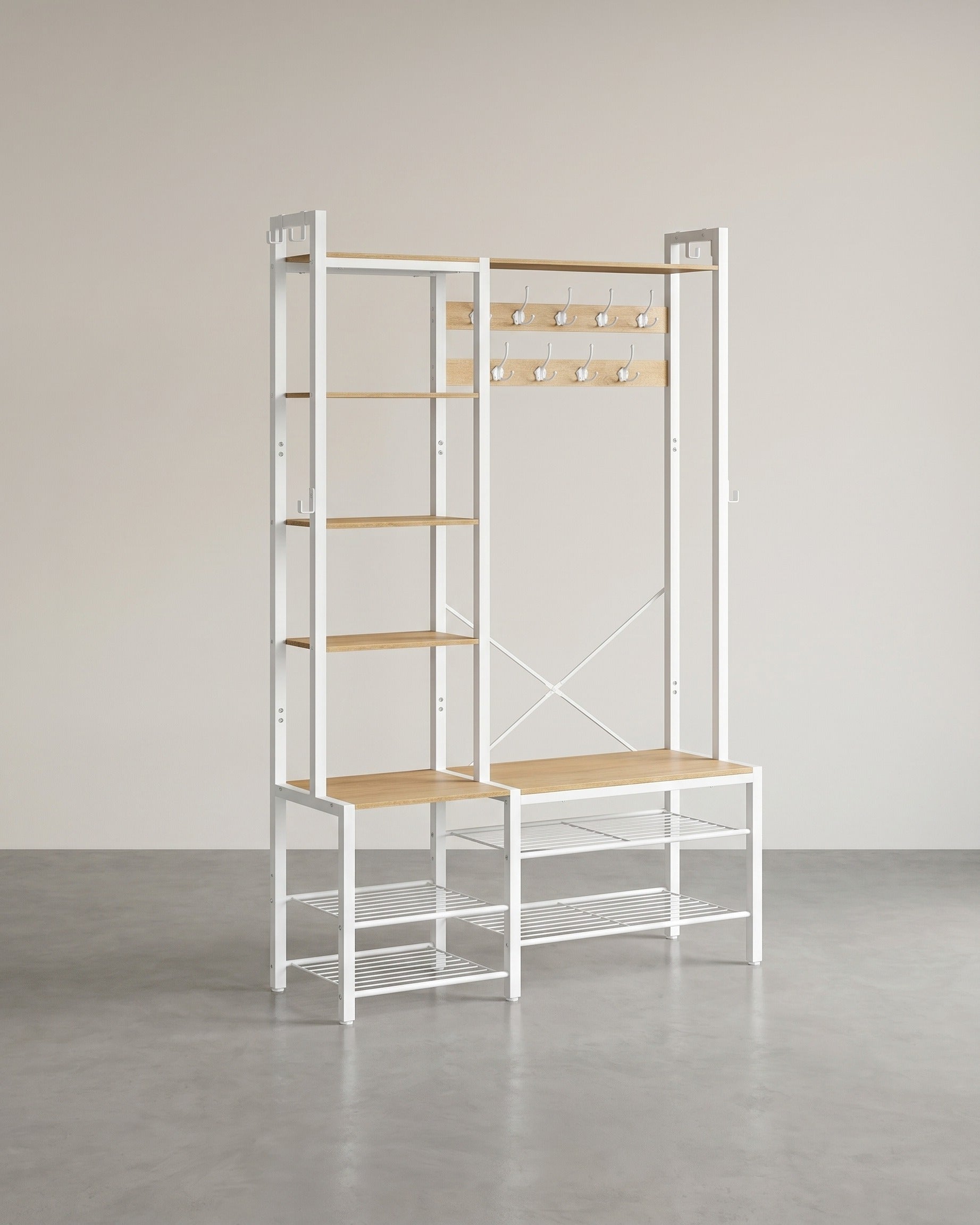 Garderobenständer mit Sitzbank und Schuhregal – 4-in-1-Design – 9 Haken, 5 Ablagen und Stauraum