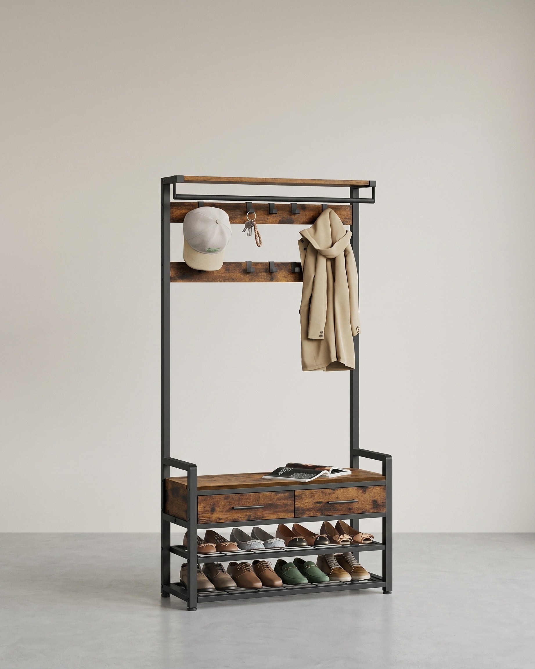 Garderobe mit Schuhregal, Schubladen und Kleiderstange – 6-in-1 Flurmöbel