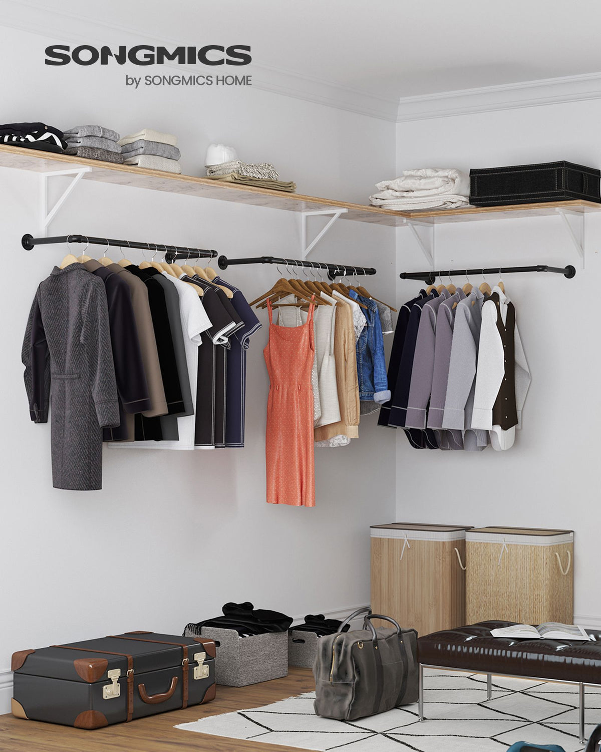 Wandgarderobe Industriell – Set von 2 Kleiderstangen – Schwarze Stahlrohre