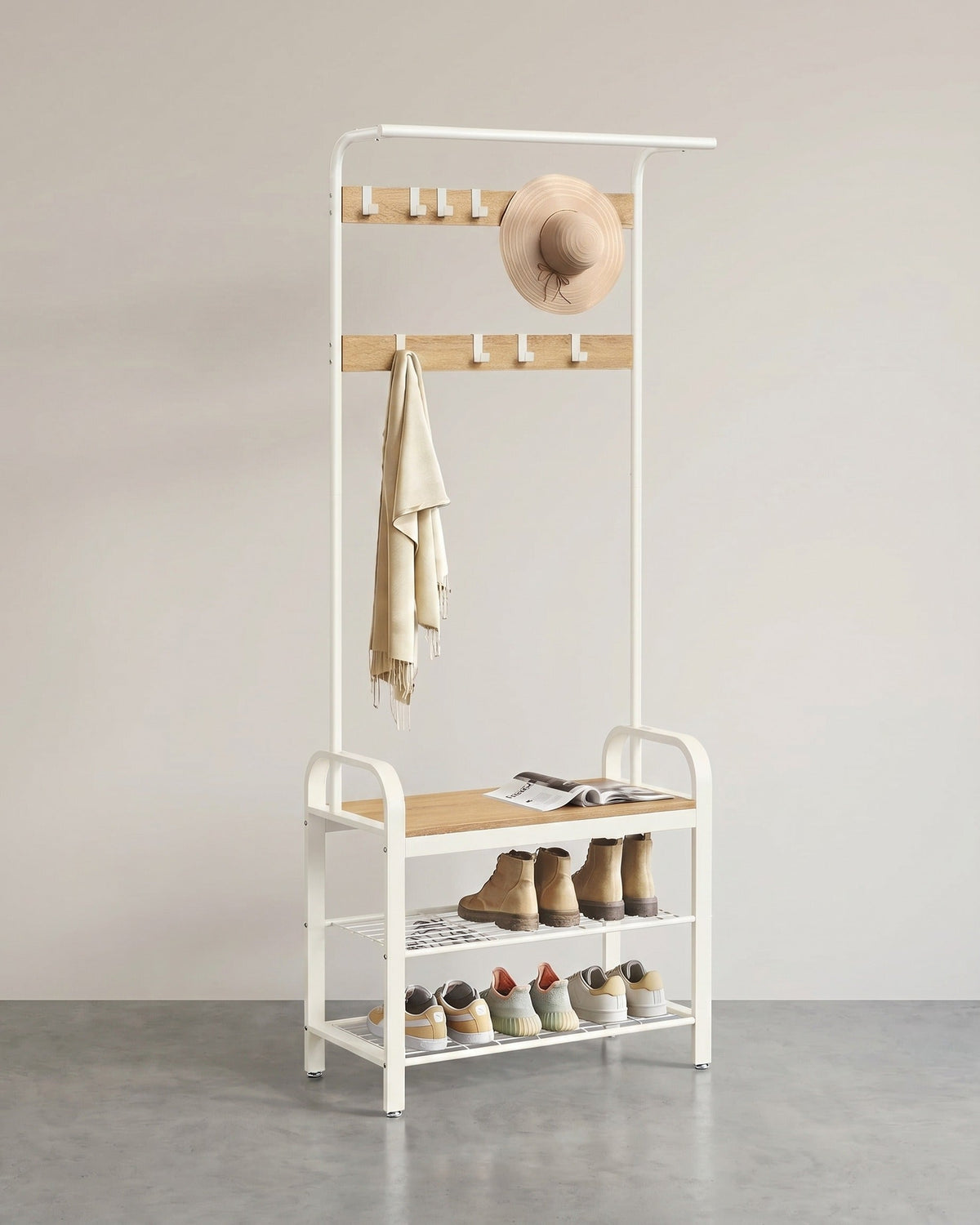 Garderobenständer 4-in-1 – Garderobenständer + Kleiderstange + Sitzbank + Schuhregal – Industrieller Stahl & Holz – Flurmöbel