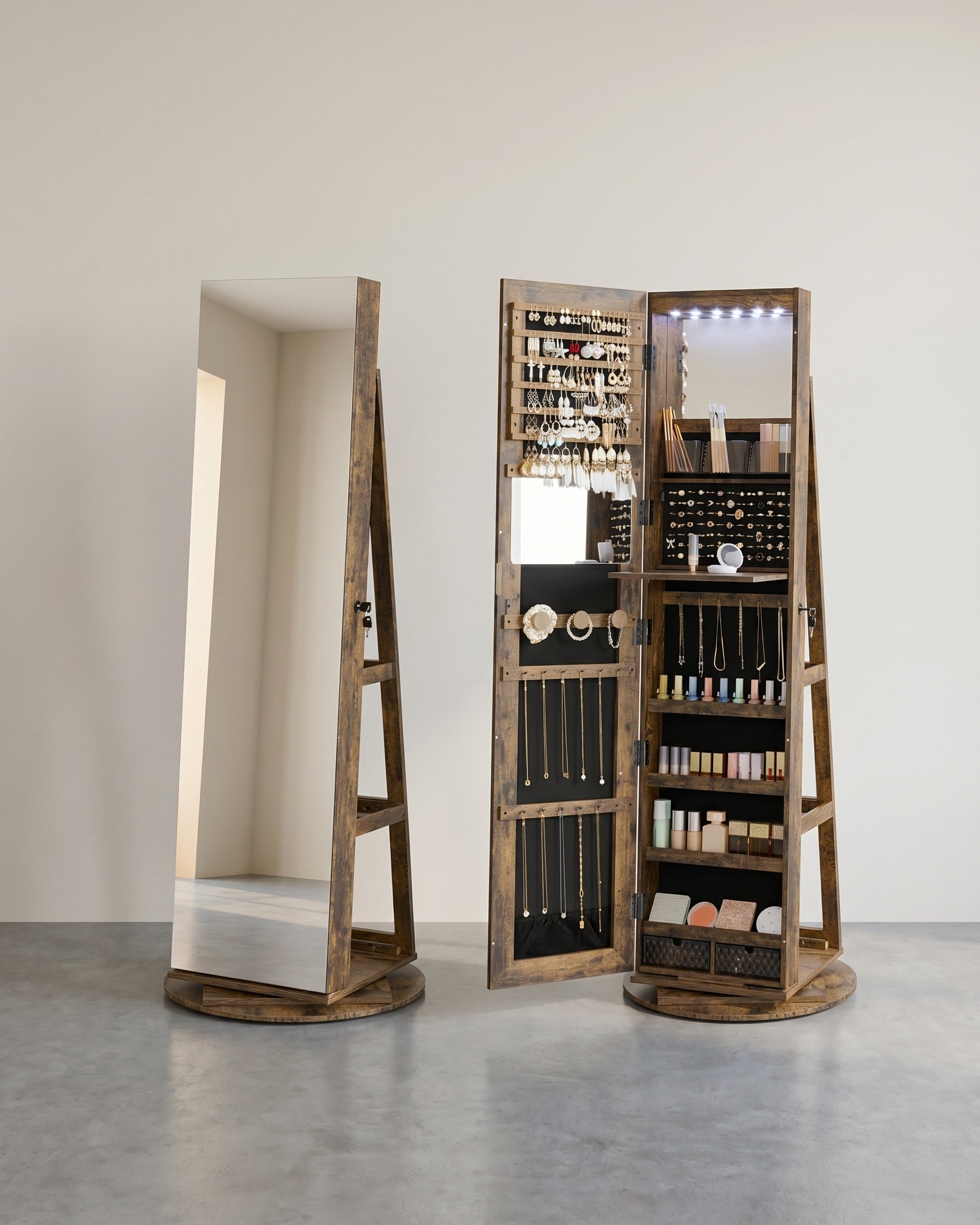 Schmuckschrank mit Spiegel – 360° drehbar – abschließbar – Stand-Schmuckorganizer für das Schlafzimmer