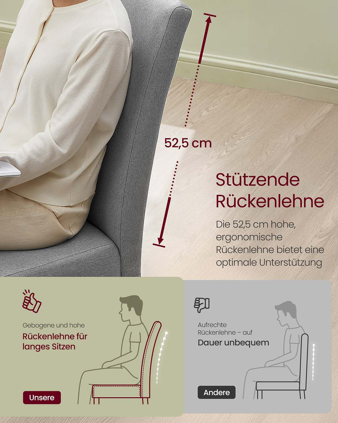 Esszimmerstühle, 2er-Set – Gepolsterter Sitz – Holzbeine – Ergonomische Rückenlehne – Klassisches Design