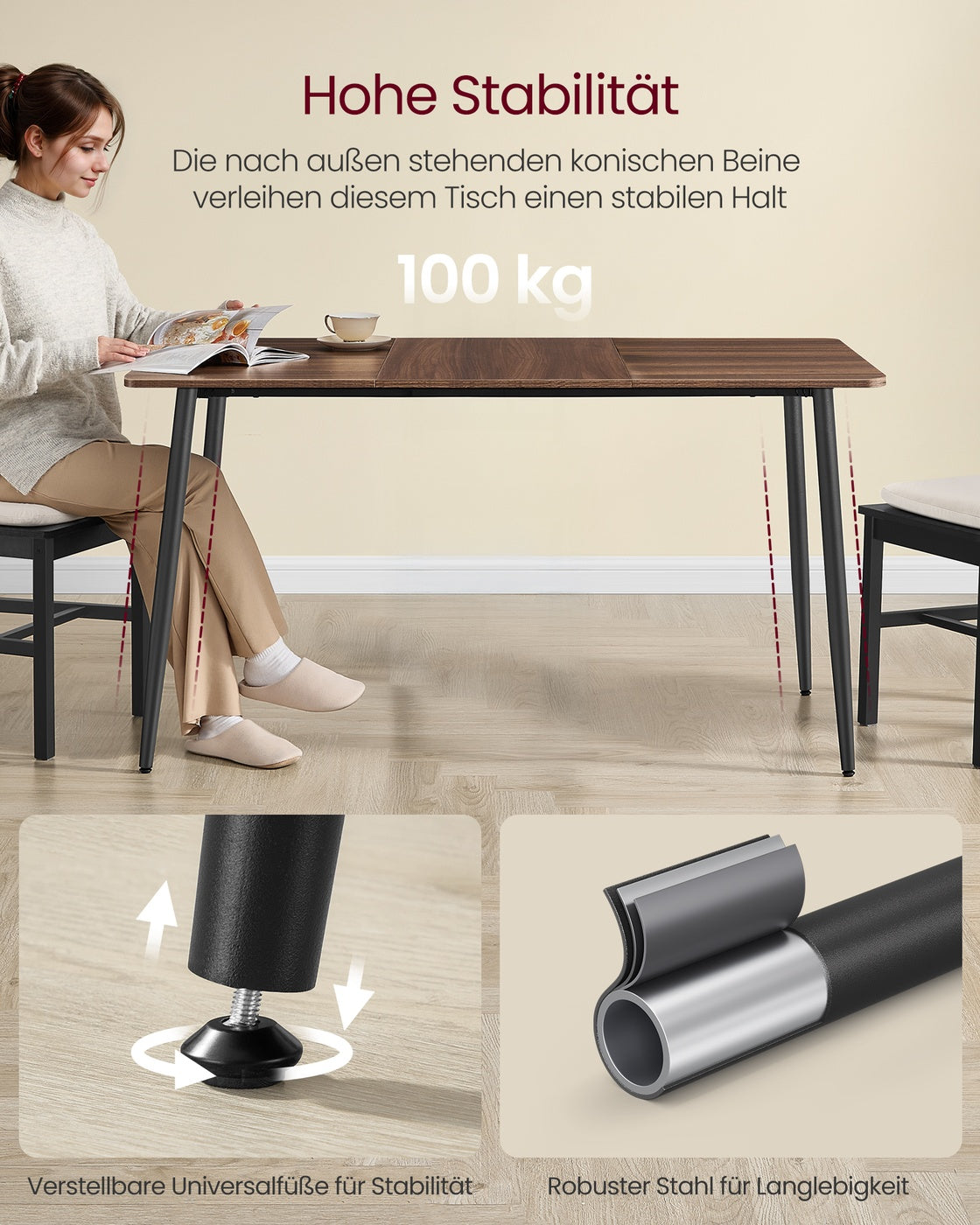 Esstisch für 4-6 Personen – Landhausstil mit Stahlbeinen – hitzebeständige Tischplatte