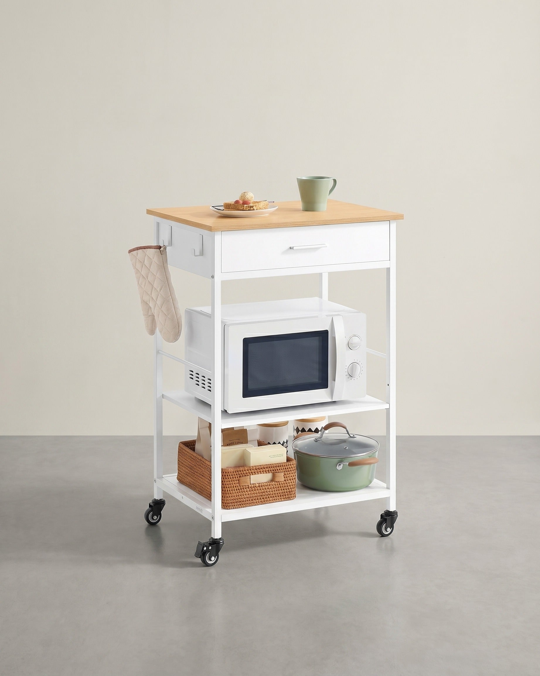 Mobiler Küchenwagen mit Schublade und Ablagen – Beweglich und abschließbar – Ideal für kleine Küchen – Modernes Eichen-Weiß-Finish