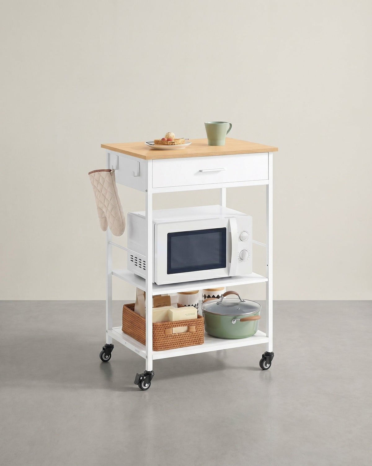 Mobiler Küchenwagen mit Schublade und Ablagen – Beweglich und abschließbar – Ideal für kleine Küchen – Modernes Eichen-Weiß-Finish