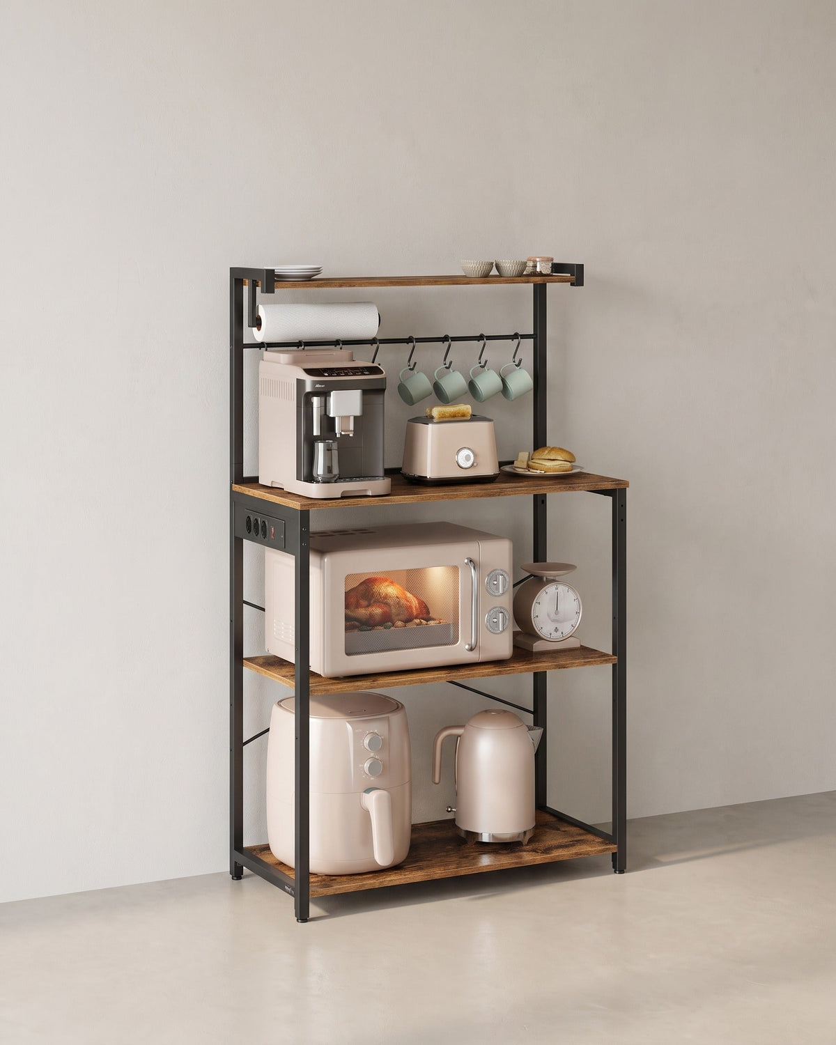Küchen-Standregal mit Steckdose – Mikrowellenregal mit verstellbarem Regalboden – 60 x 40 x 140 cm – Industriedesign