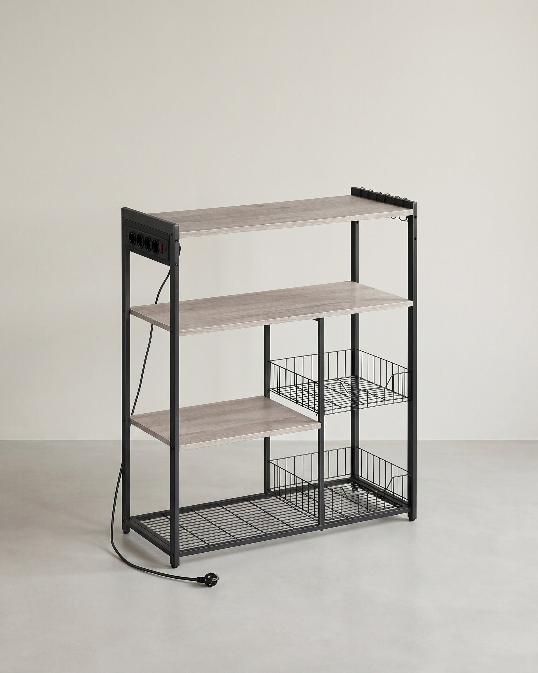 Küchenregal mit Steckdose – 80 cm breit – mit Gitterkörben, 6 Haken und mehreren Ablagen – Mikrowellenregal im Industrie-Look
