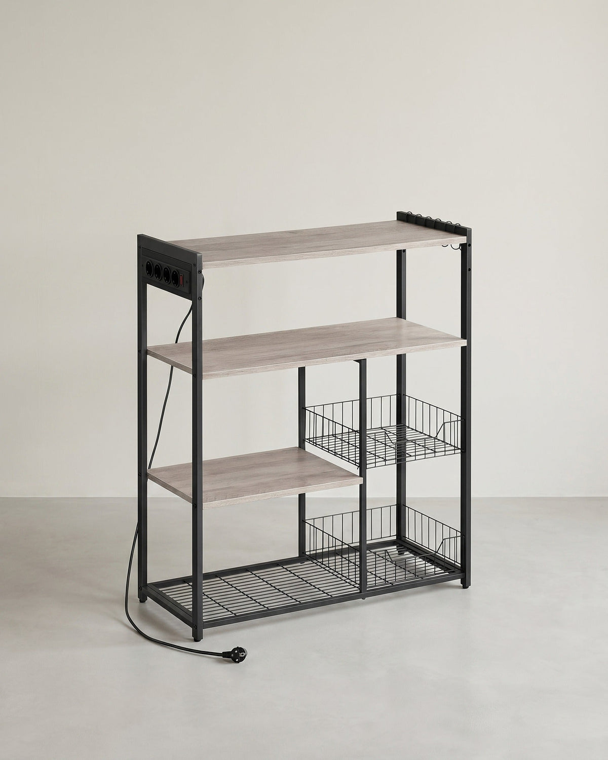 Küchenregal mit Steckdose – 80 cm breit – mit Gitterkörben, 6 Haken und mehreren Ablagen – Mikrowellenregal im Industrie-Look