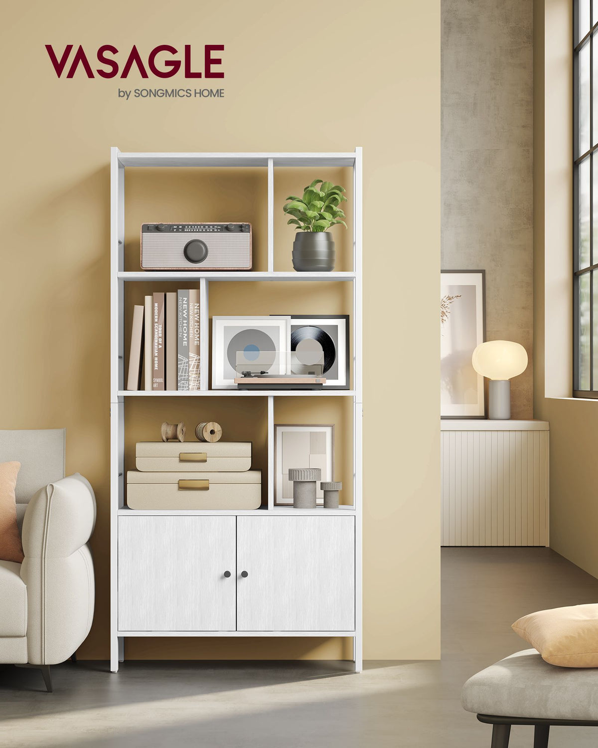 Bücherregal – Industriestil – Modernes Design – 4 Regalböden und Schrank mit Türen – 154,5 cm hoch