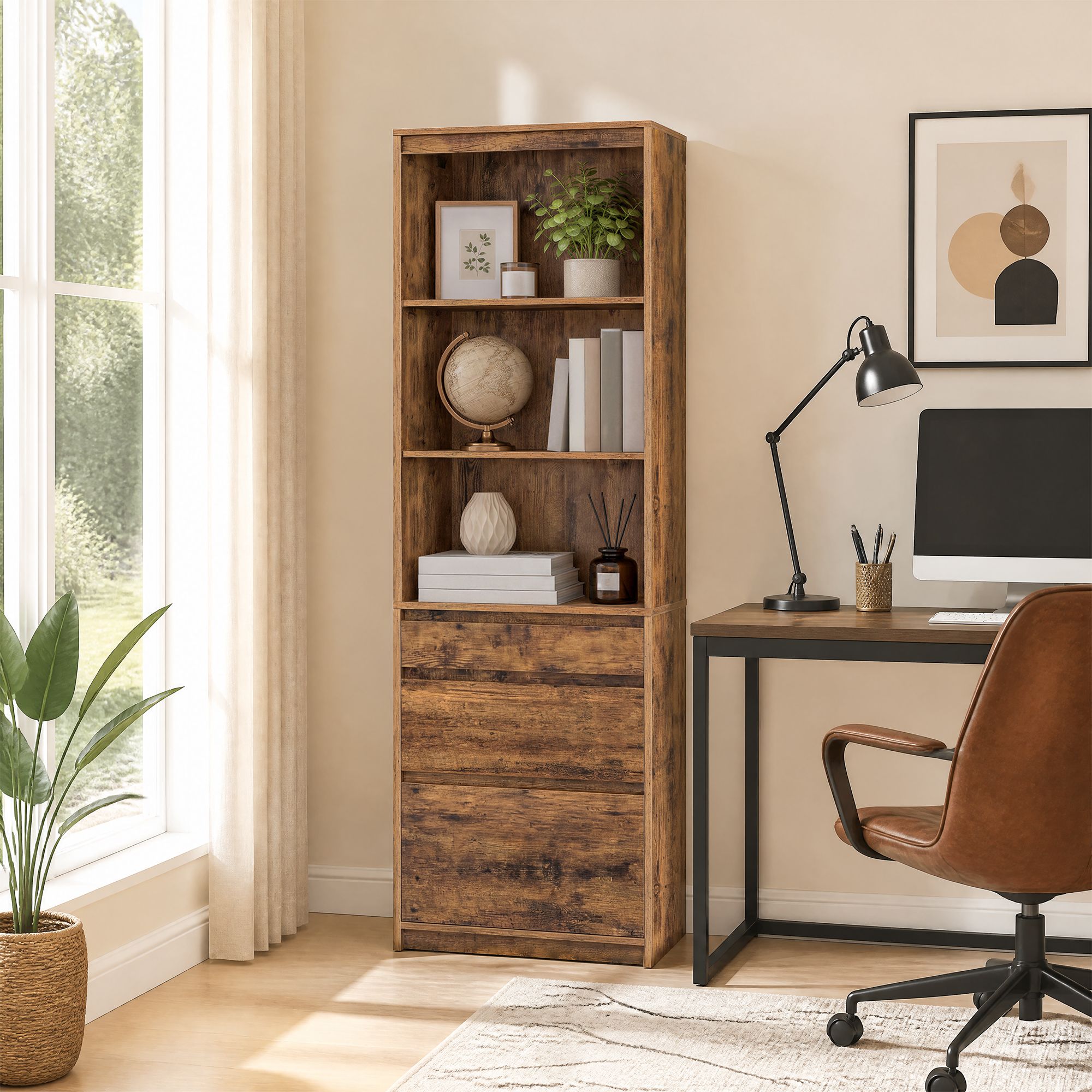 Bücherregal Mit Verstellbaren Böden Und 3 Schubladen - Hoher Schrank - Für Wohnzimmer